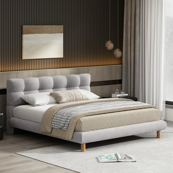 Christopher Knight Home Queen Size Upholstered Gray Platform Bed Frame with Cookie-Shaped Headboard, without Mattresses