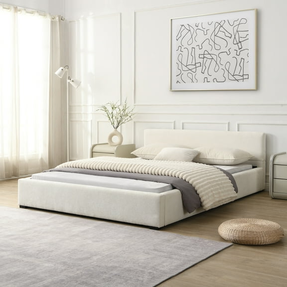 Christopher Knight Home Queen Size Upholstered Platform Bed with Headboard, Solid Wood Frame, Beige