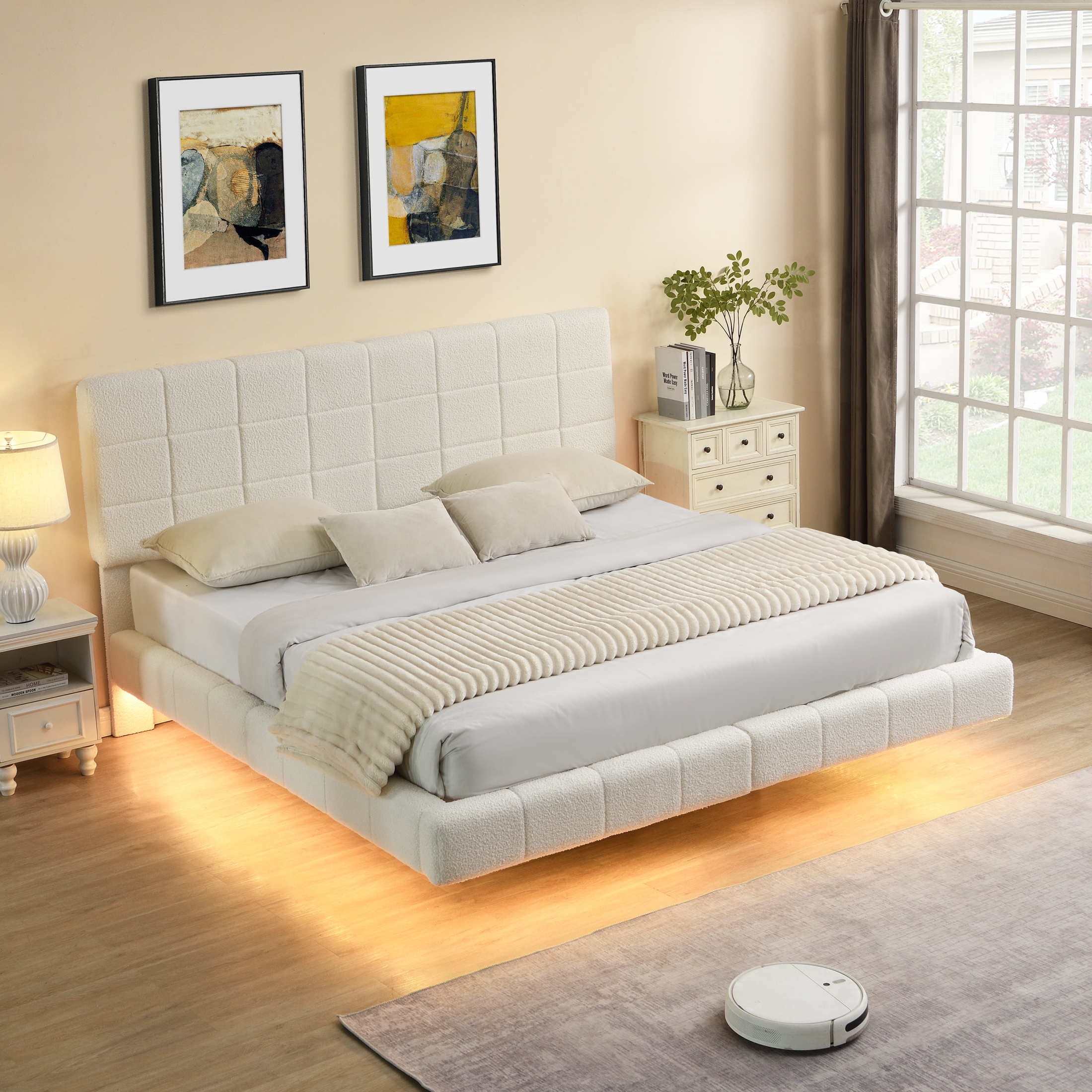 Christopher Knight Home Queen Size Wood Floating Bed Frame with LED Light & Headboard, White Boucle Upholstery
