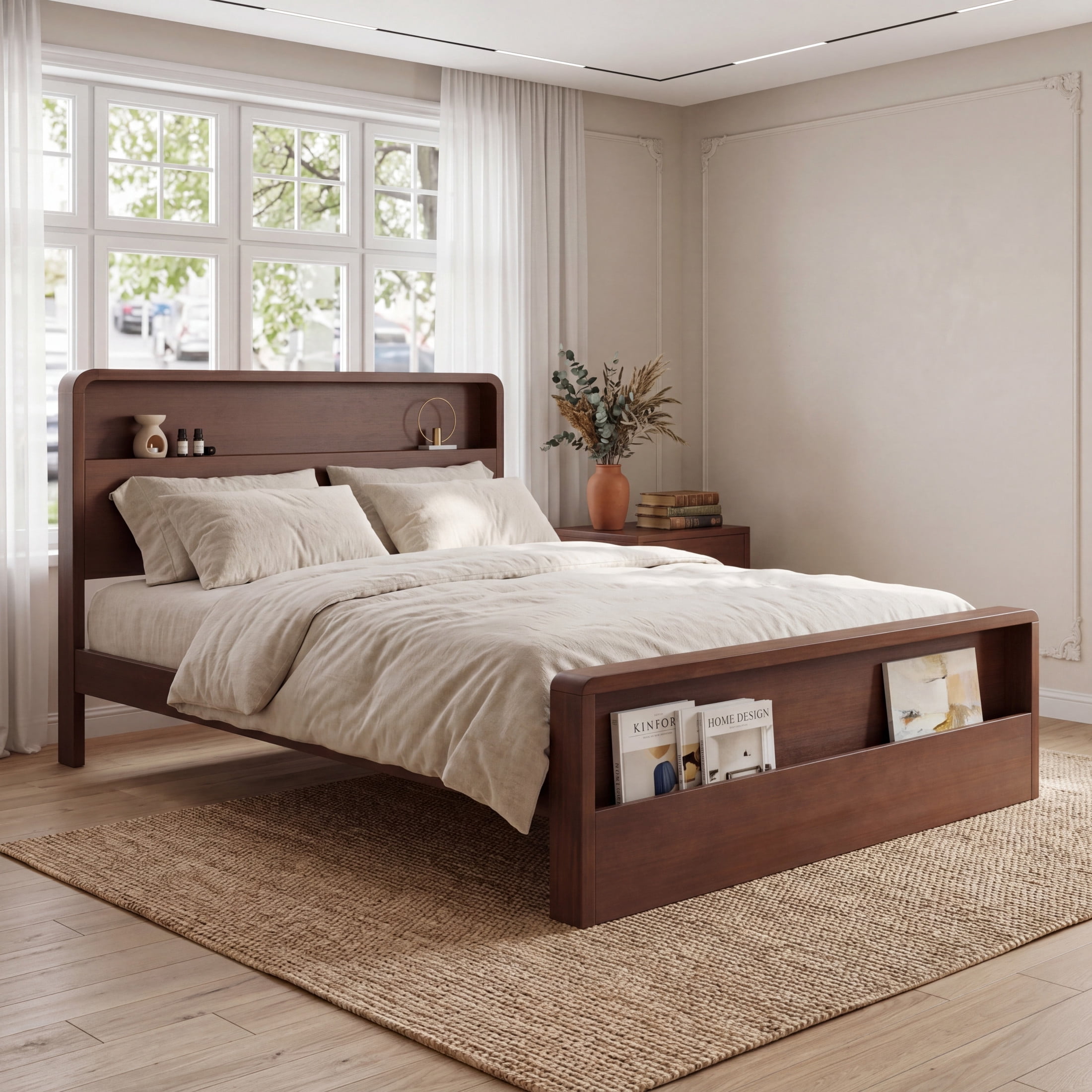 Christopher Knight Home Queen Solid Wood Bed Frame with Open Storage Headboard & Footboard, Walnut