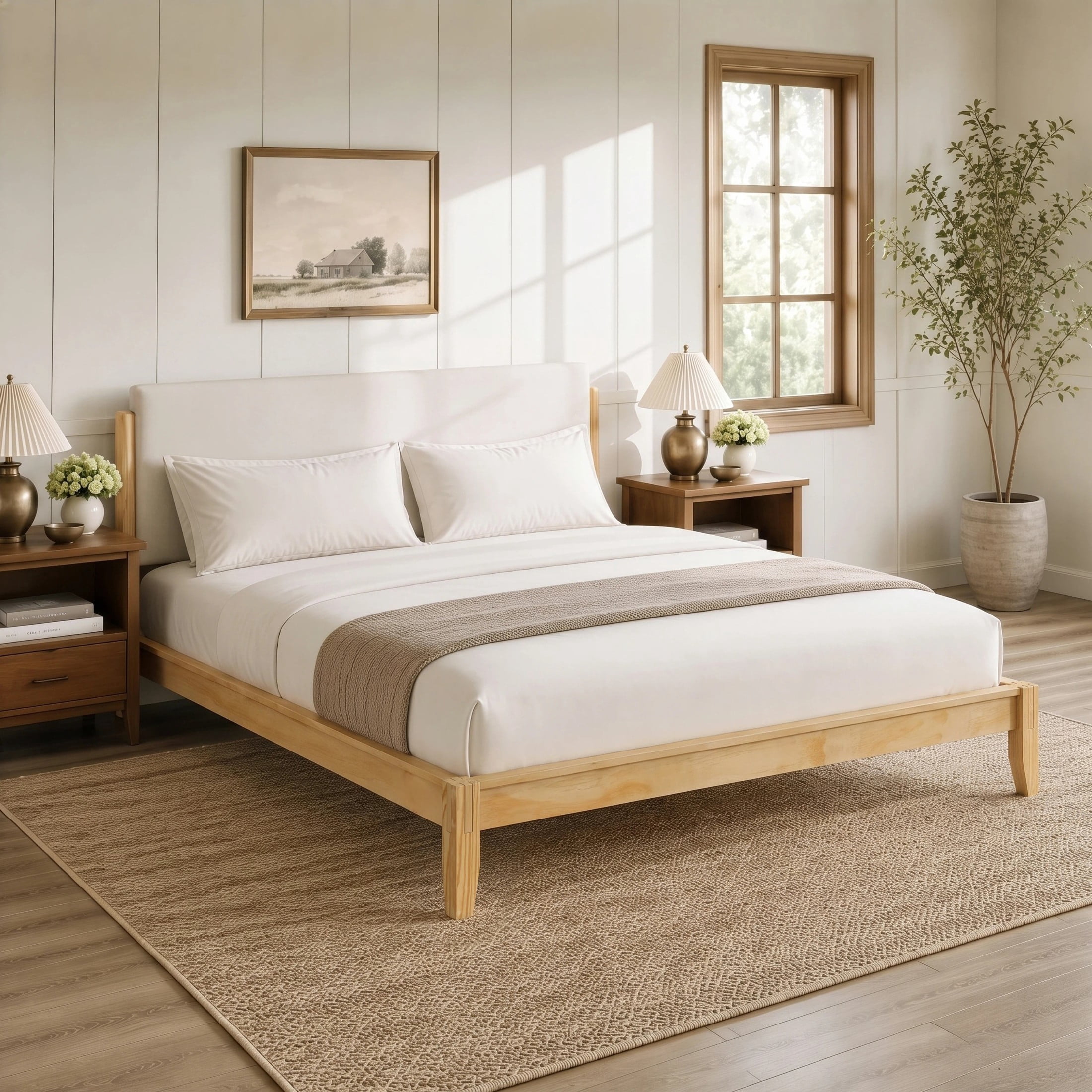 Christopher Knight Home Queen Solid Wood Platform Bed Frame with Velvet Upholstered Headboard, Oak
