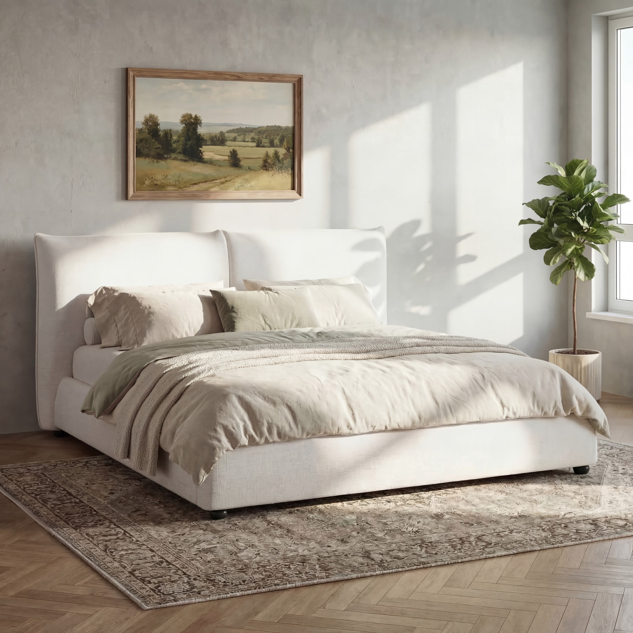Christopher Knight Home Queen Upholstered Bed Frame, Linen Fabric Pillow-Back Headboard, Solid Wood Frame, White