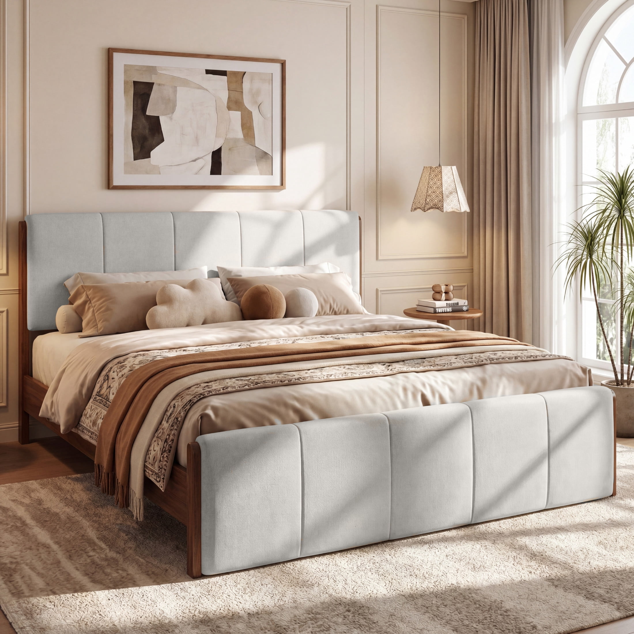 Christopher Knight Home Queen Upholstered Bed Frame, Platform Bed with Wood Trim, Gray + Walnut