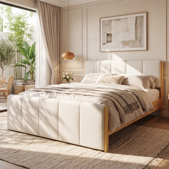 Christopher Knight Home Queen Upholstered Bed Frame, Platform Bed with Wood Trim, White Natural