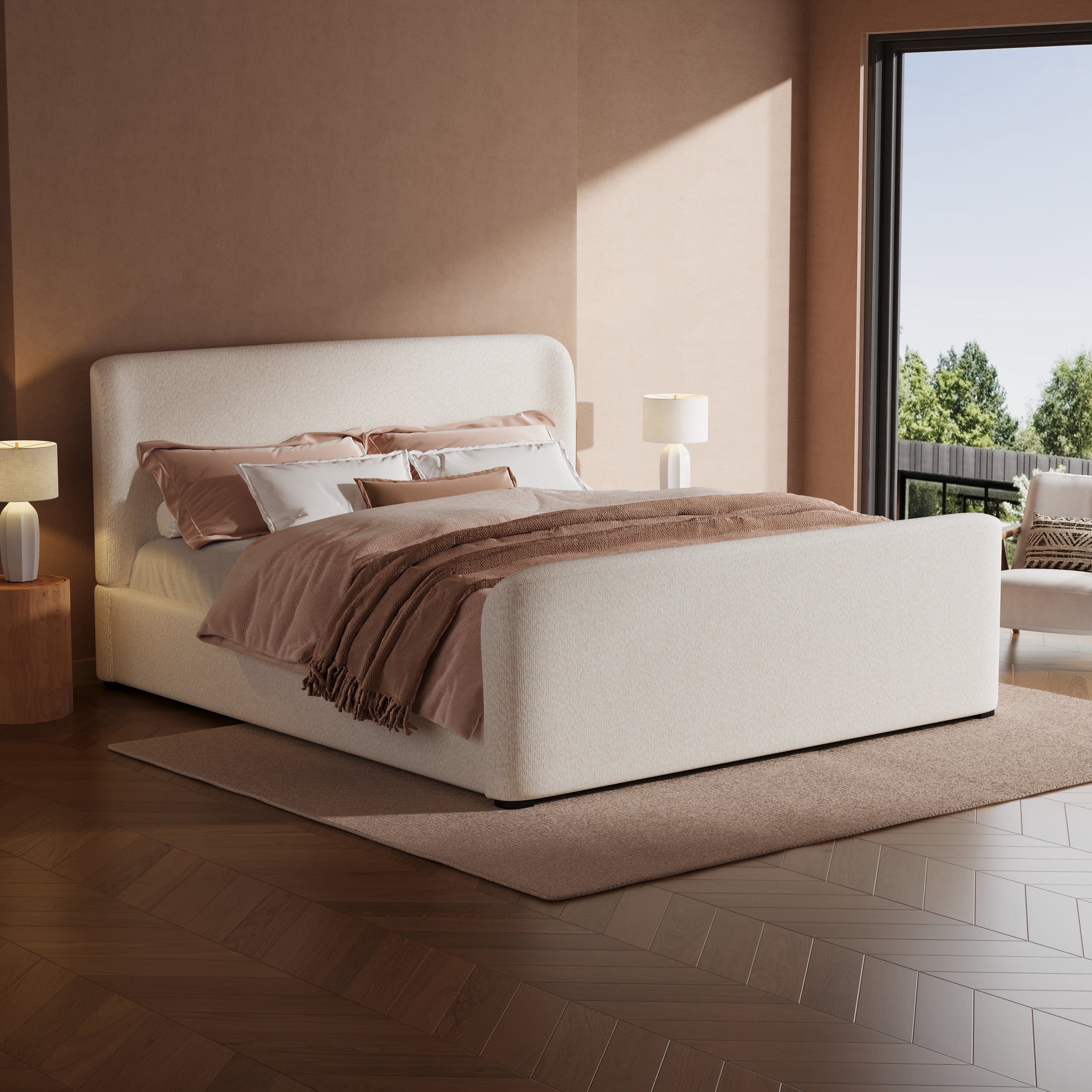 Christopher Knight Home Queen Upholstered Bed Frame with Boucle Fabric, Thick Headboard, White