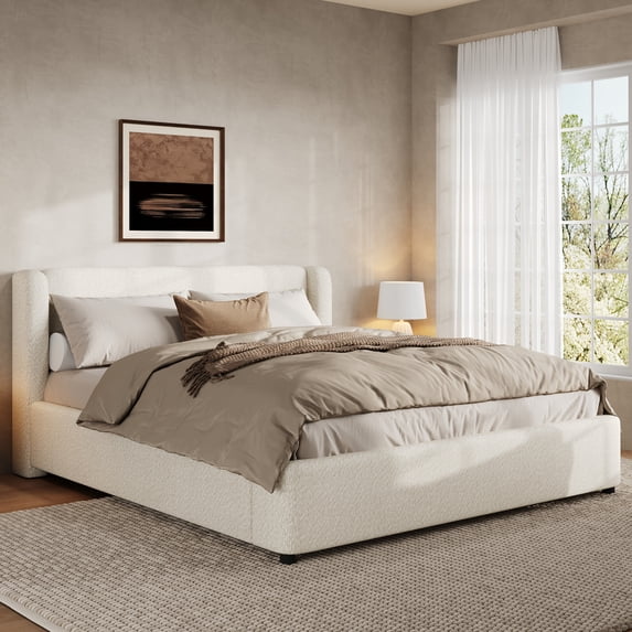 Christopher Knight Home Queen Upholstered Bed Frame with Boucle Wingback Headboard, White