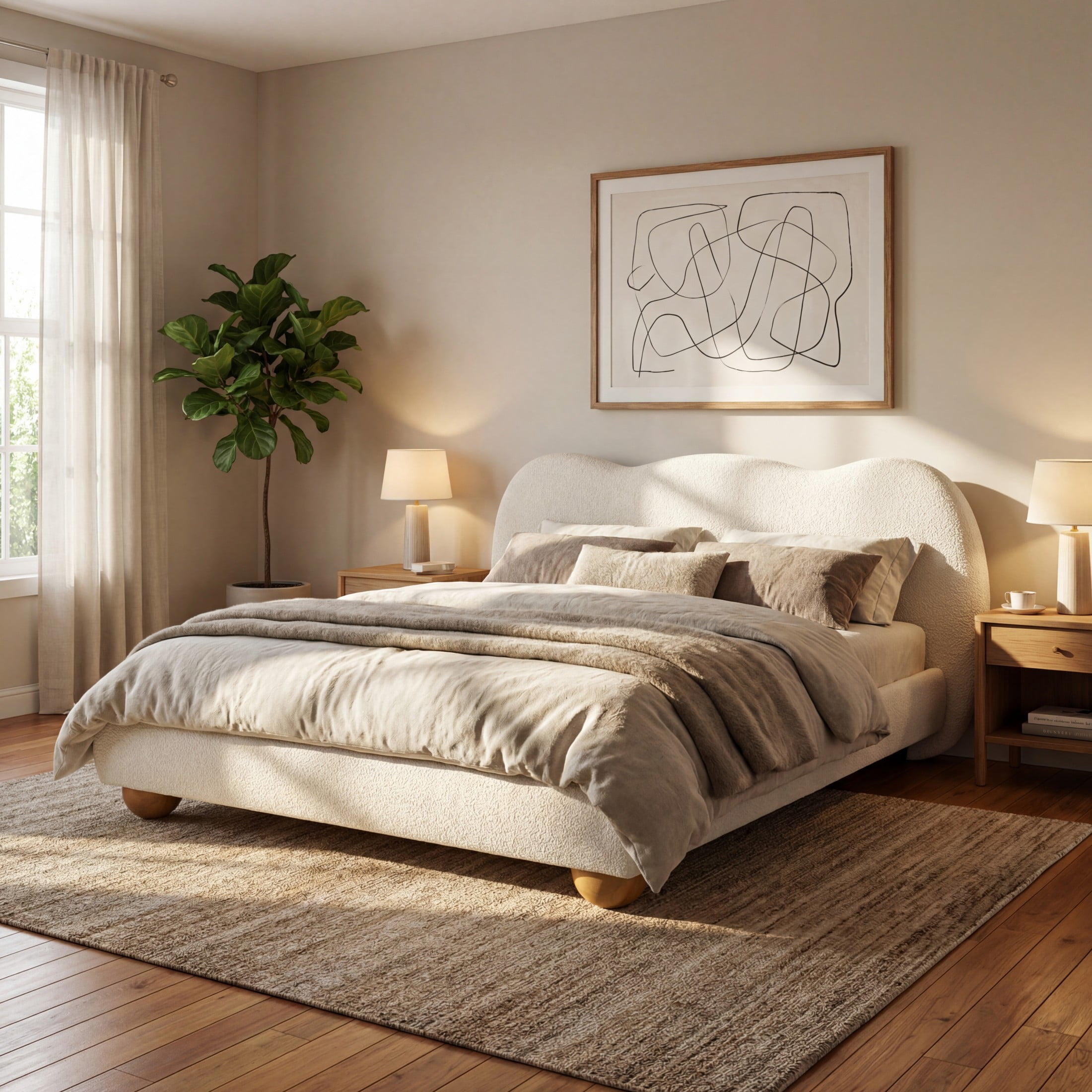 Christopher Knight Home Queen Upholstered Bed Frame with Curved Thick Headboard, Round Legs, Off White