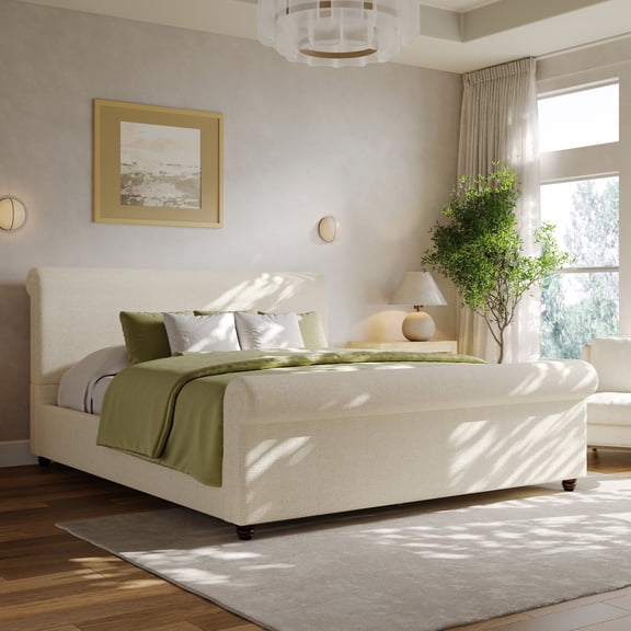 Christopher Knight Home Queen Upholstered Bed Frame with Linen Fabric, Rolled Headboard, Beige