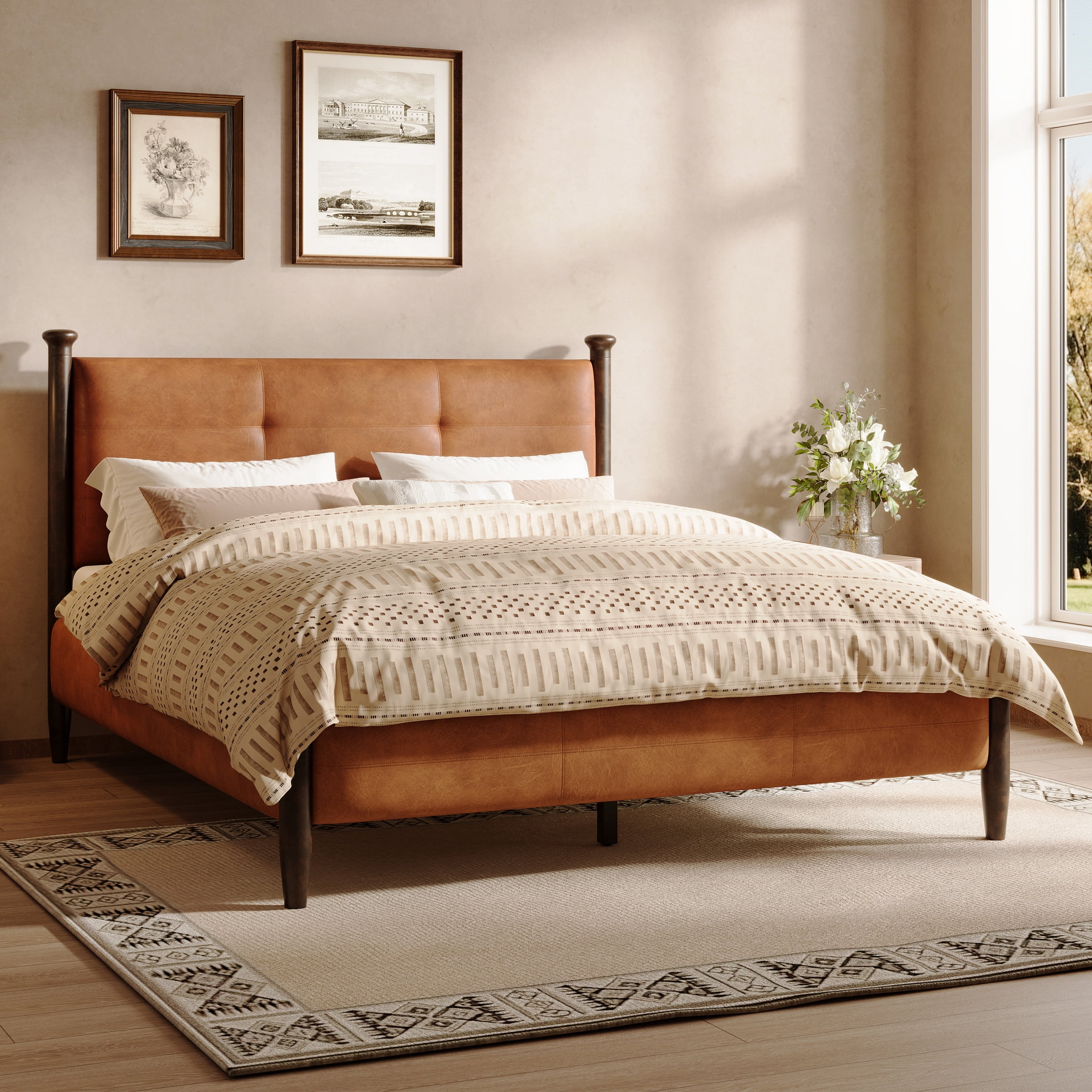 Christopher Knight Home Queen Upholstered Bed Frame with Tufted Headboard, PU Leather, Brown