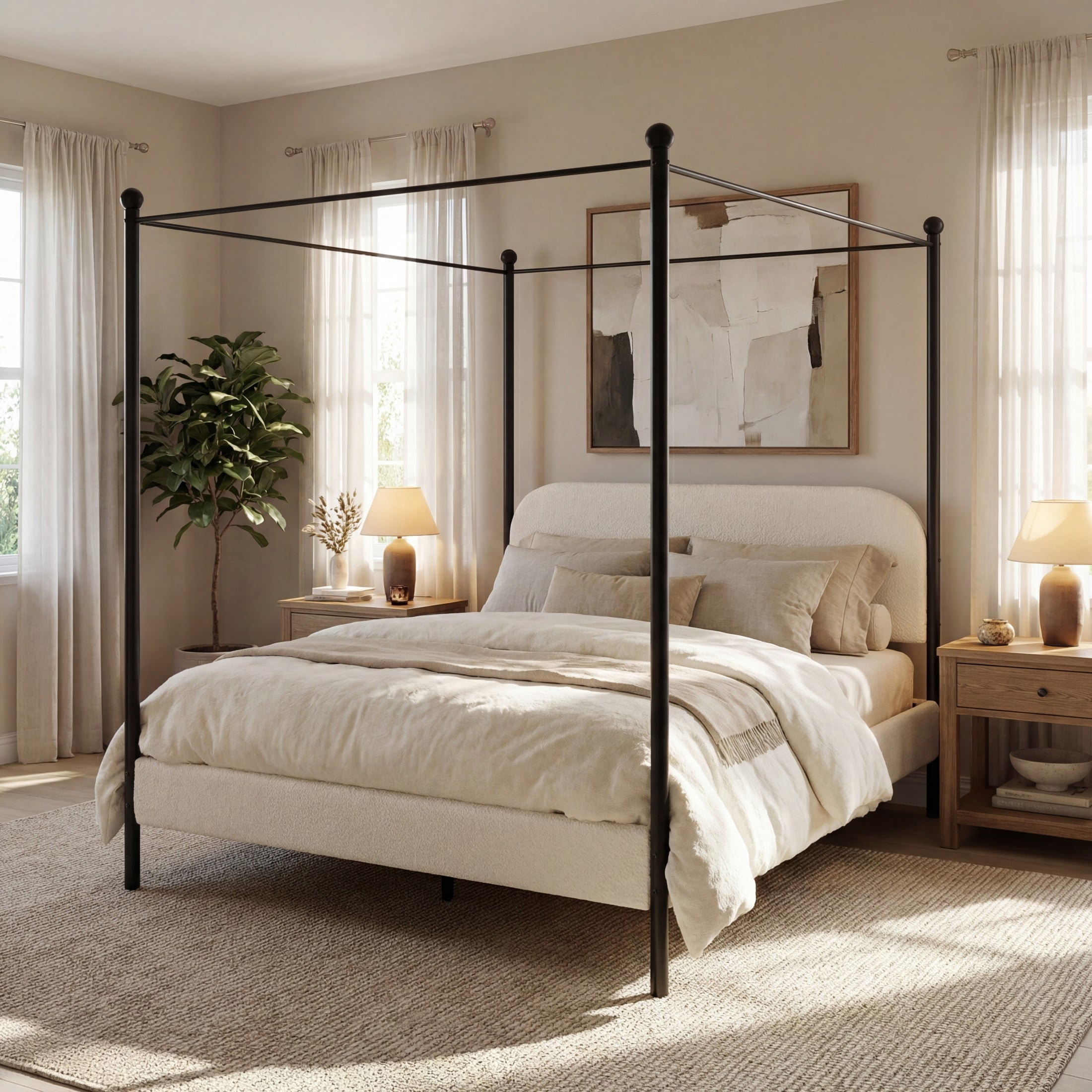 Christopher Knight Home Queen Upholstered Canopy Bed Frame with Boucle Fabric and Curved Headboard, White