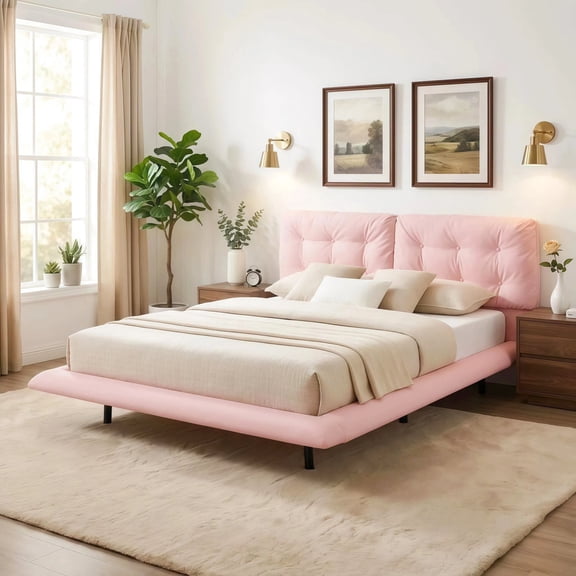 Christopher Knight Home Queen Upholstered Floating Bed Frame, Pink, LED Lights, No Box Spring