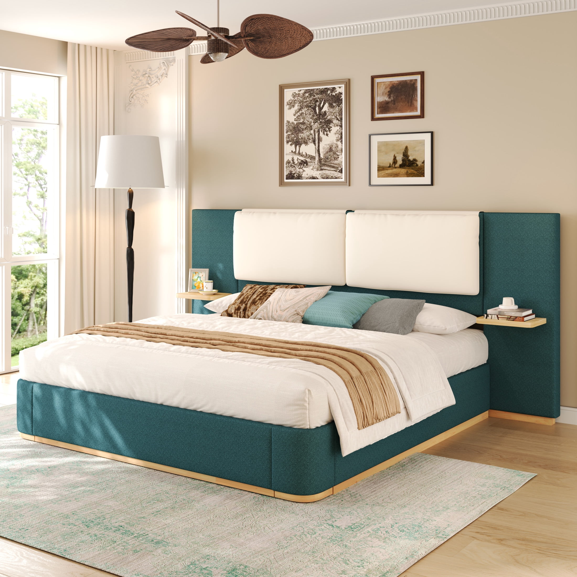 Christopher Knight Home Queen Upholstered Platform Bed Frame with PU Cushioned Headboard, Green+Beige