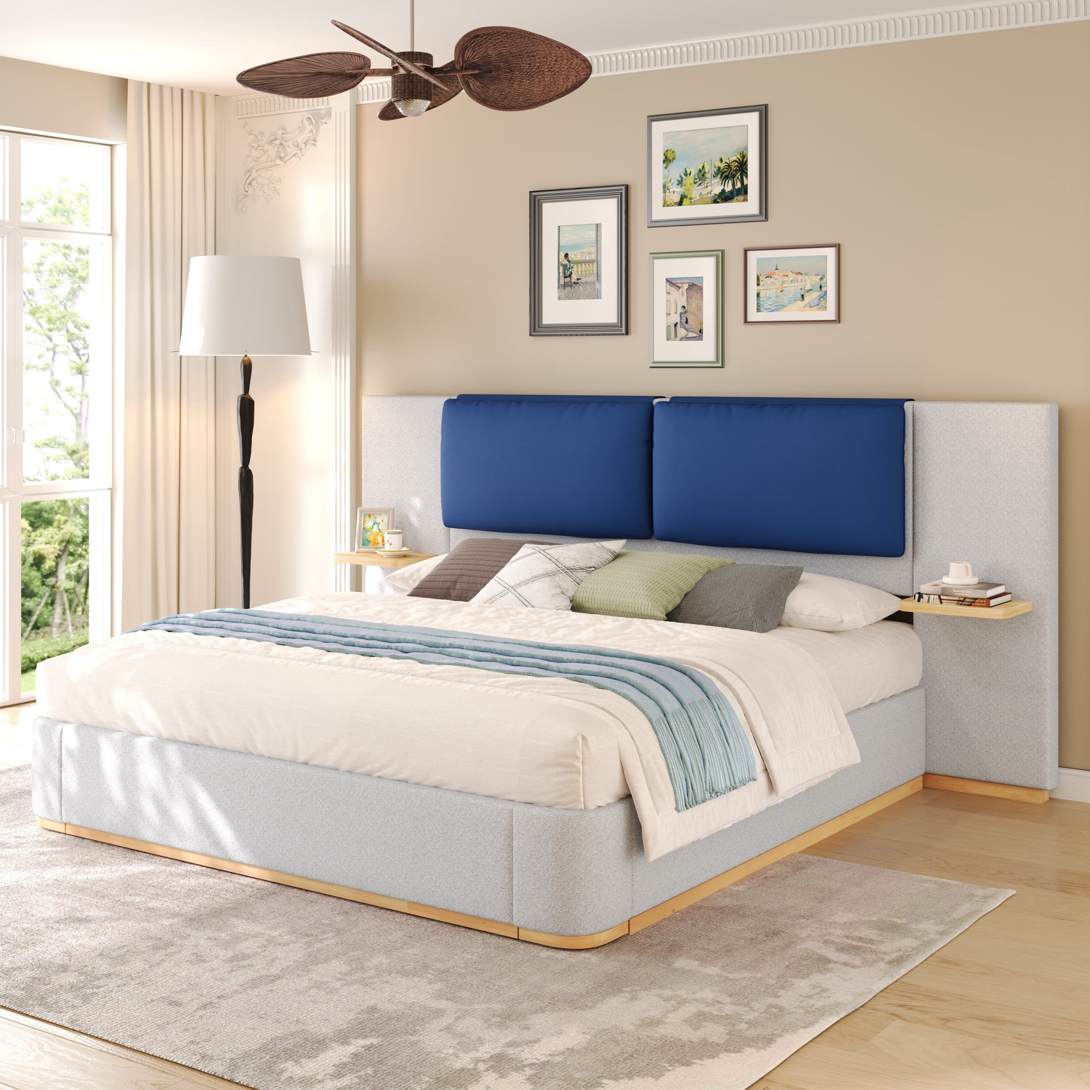 Christopher Knight Home Queen Upholstered Platform Bed Frame with PU Cushioned Headboard, Grey+Blue