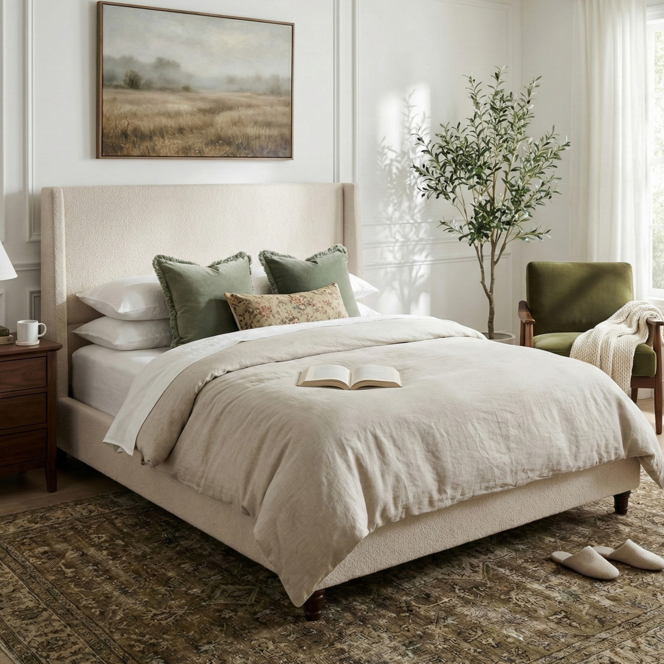 Christopher Knight Home Queen Upholstered Platform Bed Frame with Tall Wingback Headboard, Clay Taupe