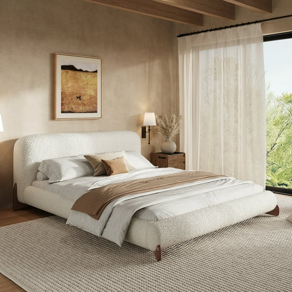 Christopher Knight Home Queen Upholstered Platform Bed with Thick Curved Headboard, Solid Wood Legs, White