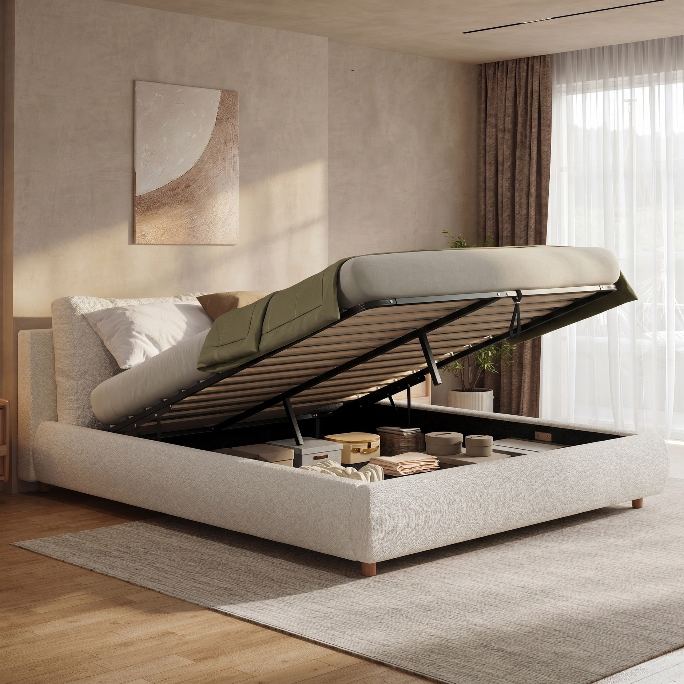 Christopher Knight Home Queen Upholstered Storage Bed, Hydraulic Lift Platform, Removable Headrests, Cream White