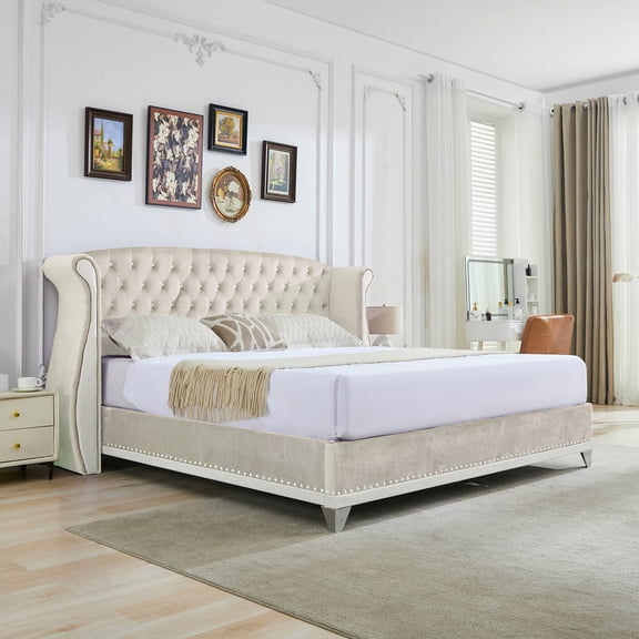 Christopher Knight Home Queen Velvet Platform Bed Frame, Nailhead Trim Button-Tufted Wingback Headboard, Beige