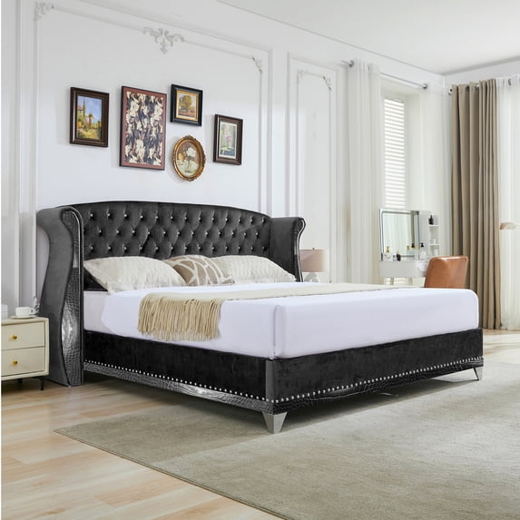Christopher Knight Home Queen Velvet Platform Bed Frame, Nailhead Trim Button-Tufted Wingback Headboard, Black