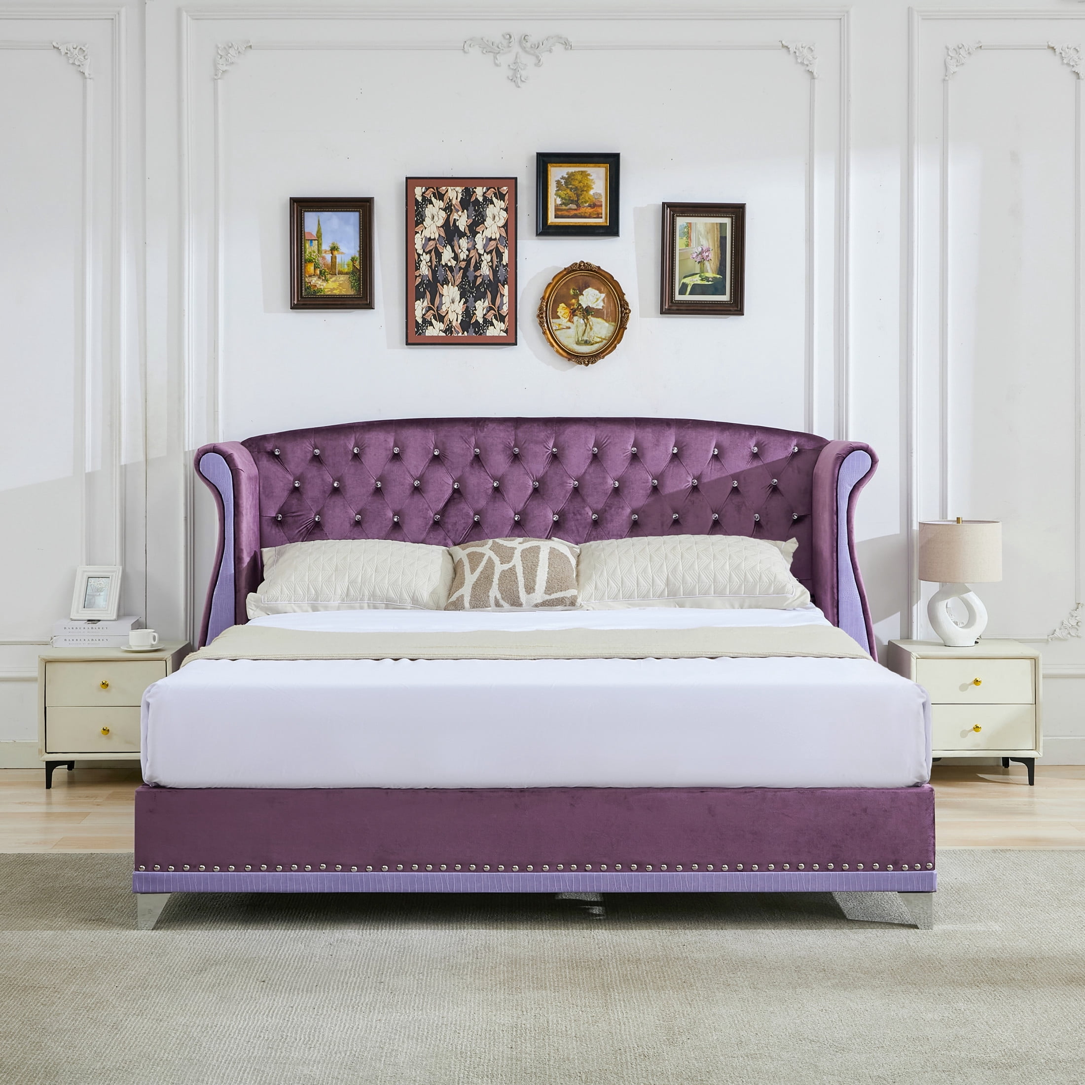 Christopher Knight Home Queen Velvet Platform Bed Frame, Nailhead Trim ...