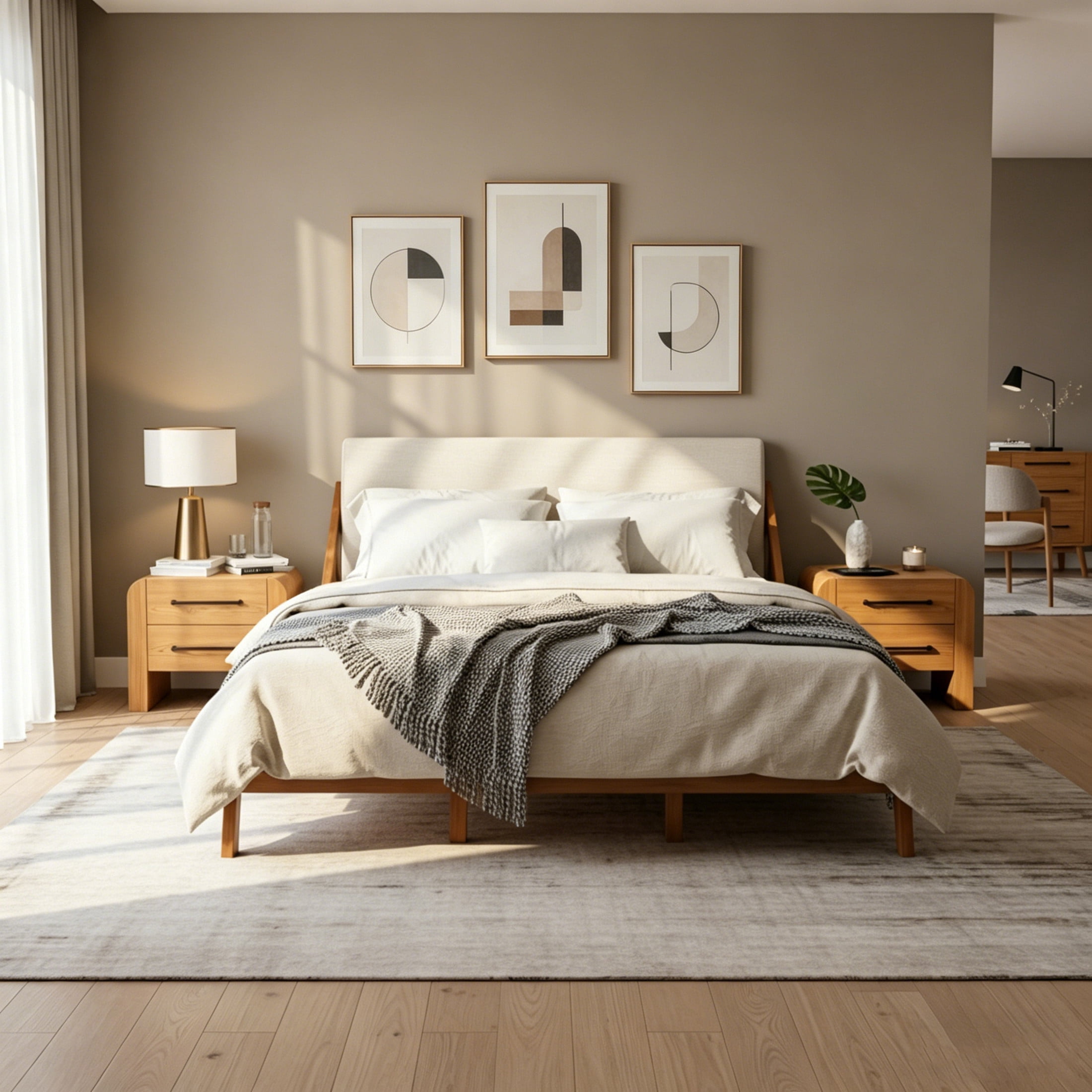 Christopher Knight Home Queen Wood Bed Frame with 2 Nightstands, Beige Upholstered Headboard, Natural