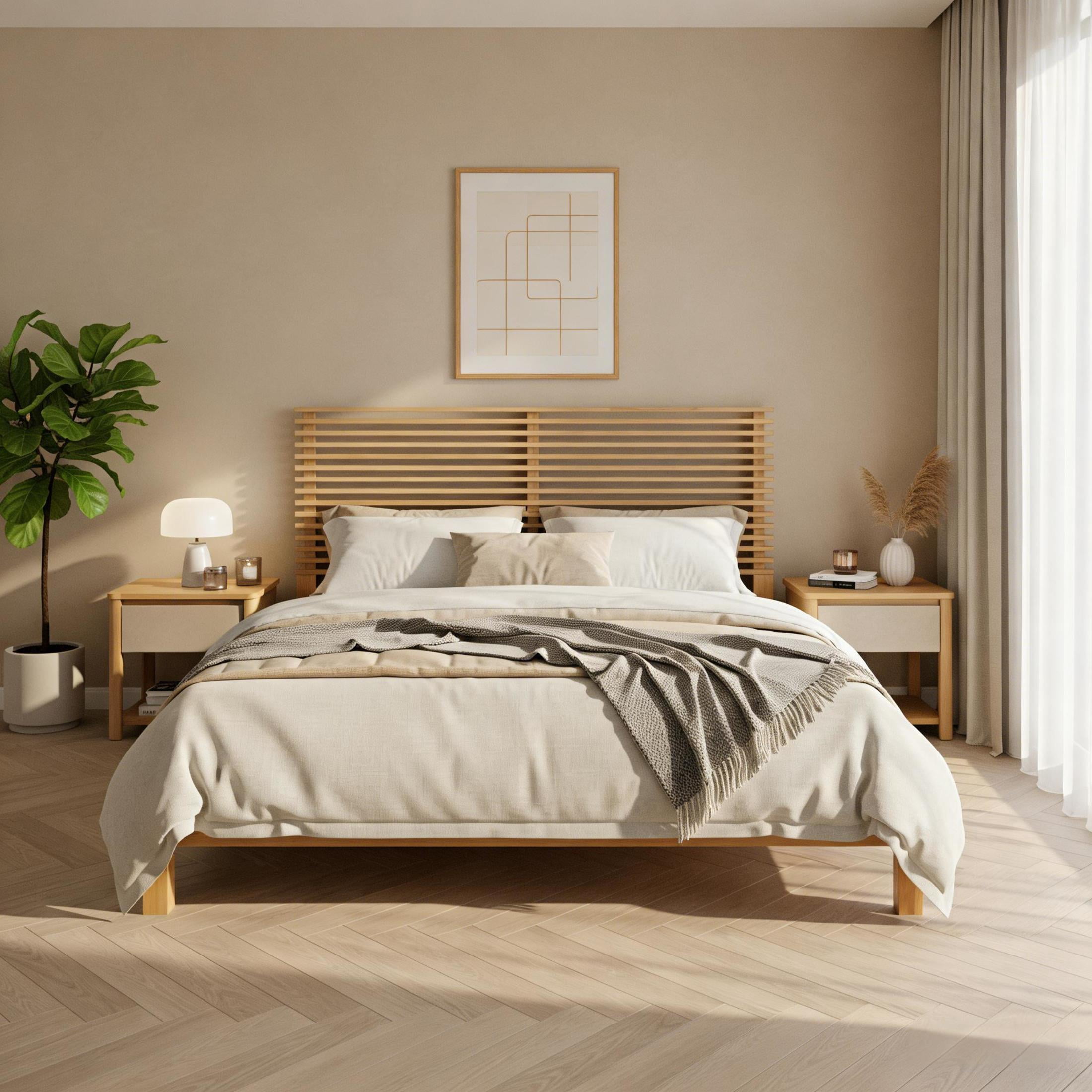 Christopher Knight Home Queen Wood Bed Frame with 2 Nightstands, Slatted Headboard Design, Natural
