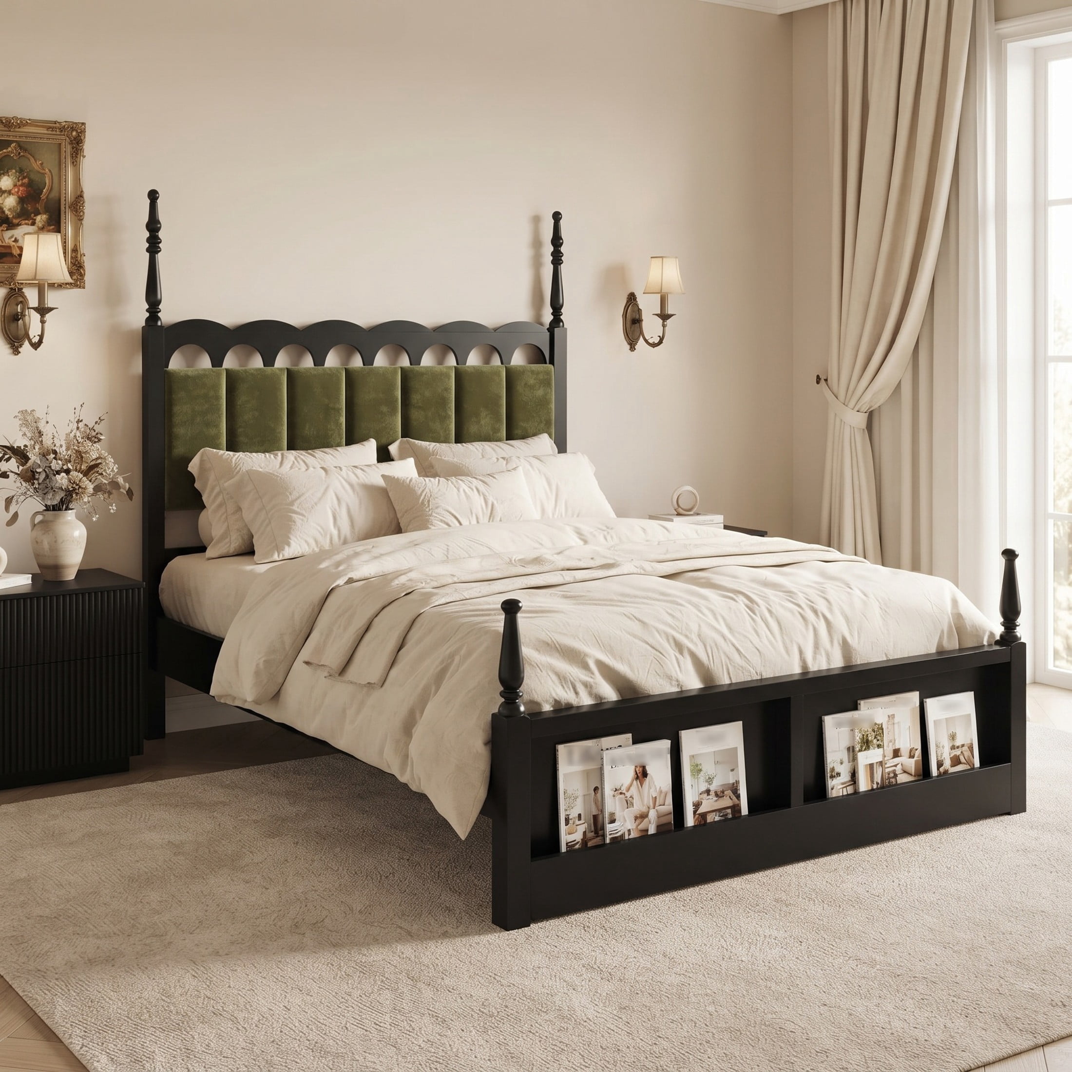 Christopher Knight Home Queen Wood Bed Frame with Scalloped Tufted Chenille Headboard, Black+Green