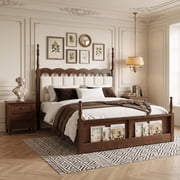 Christopher Knight Home Queen Wood Bed Frame with Scalloped Tufted Chenille Headboard, Brown+Beige