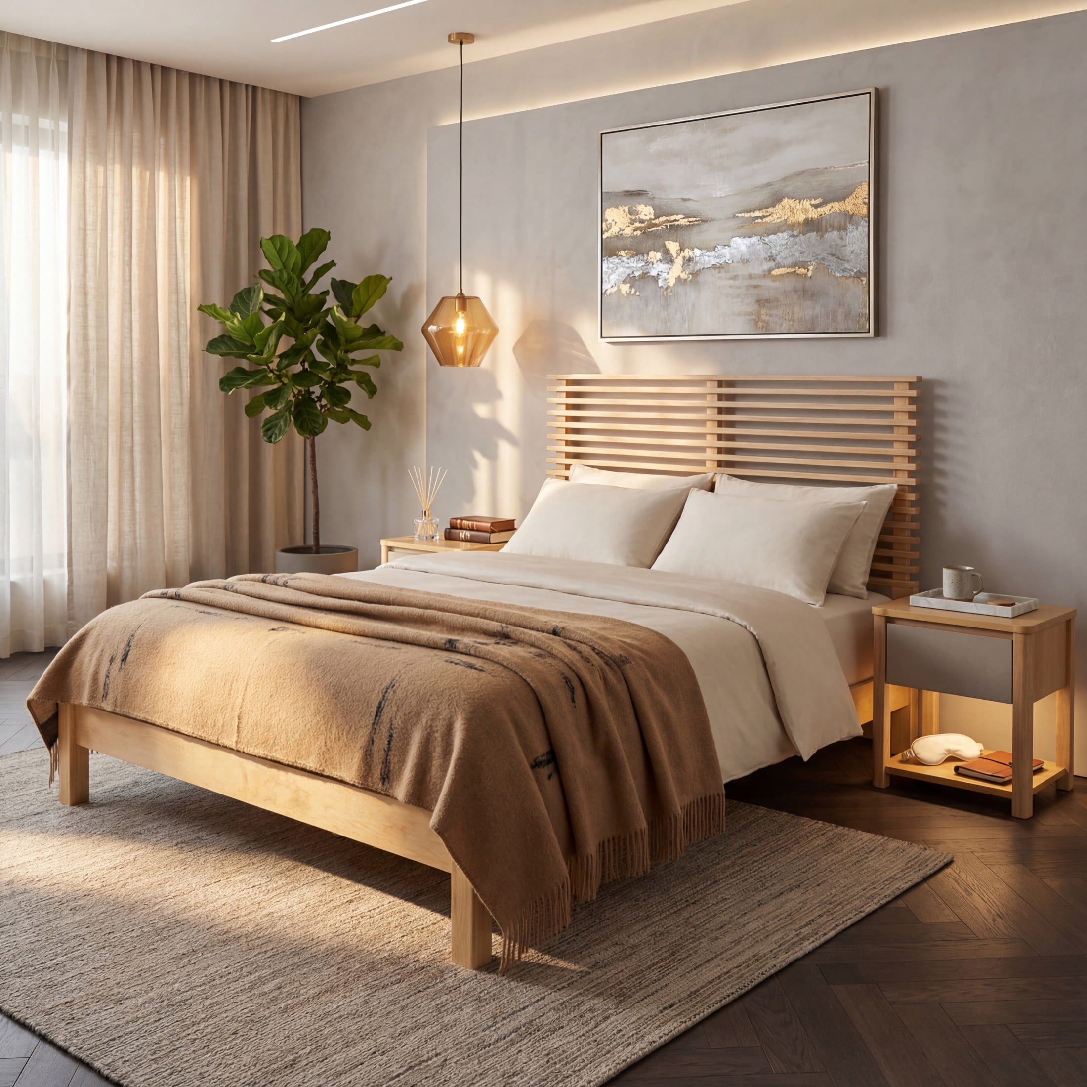 Christopher Knight Home Queen Wood Bed Frame with Slatted Headboard, Natural Finish
