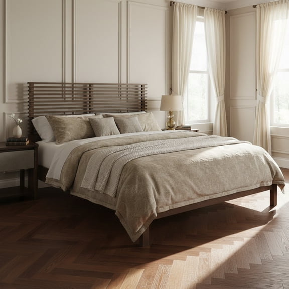 Christopher Knight Home Queen Wood Bed Frame with Slatted Headboard, Walnut Finish