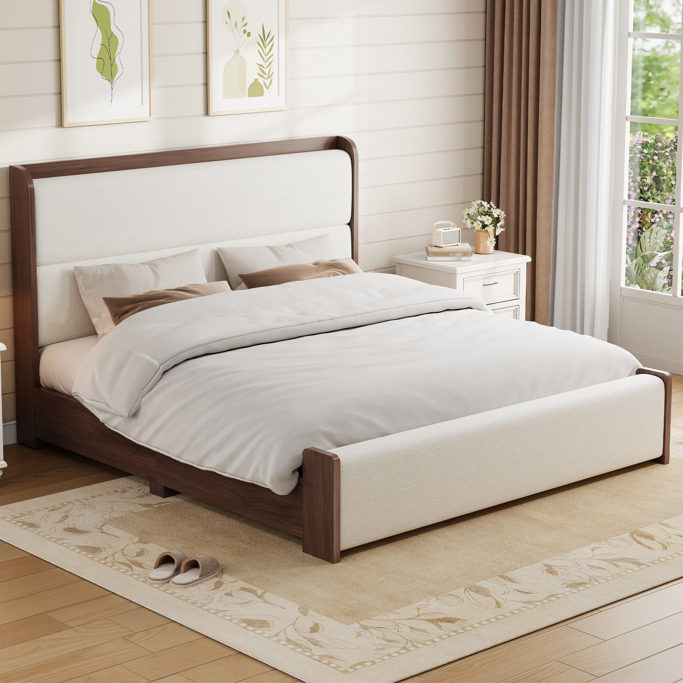 Christopher Knight Home Queen Wood Platform Bed with Boucle Upholstered Headboard and Footboard, Brown
