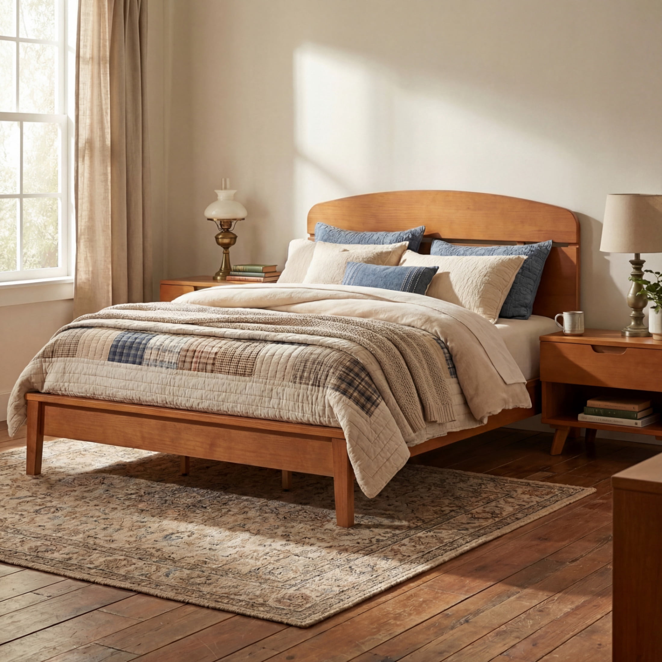 Christopher Knight Home Queen Wood Platform Bed with Curved Headboard and 2 Nightstands, Light Brown