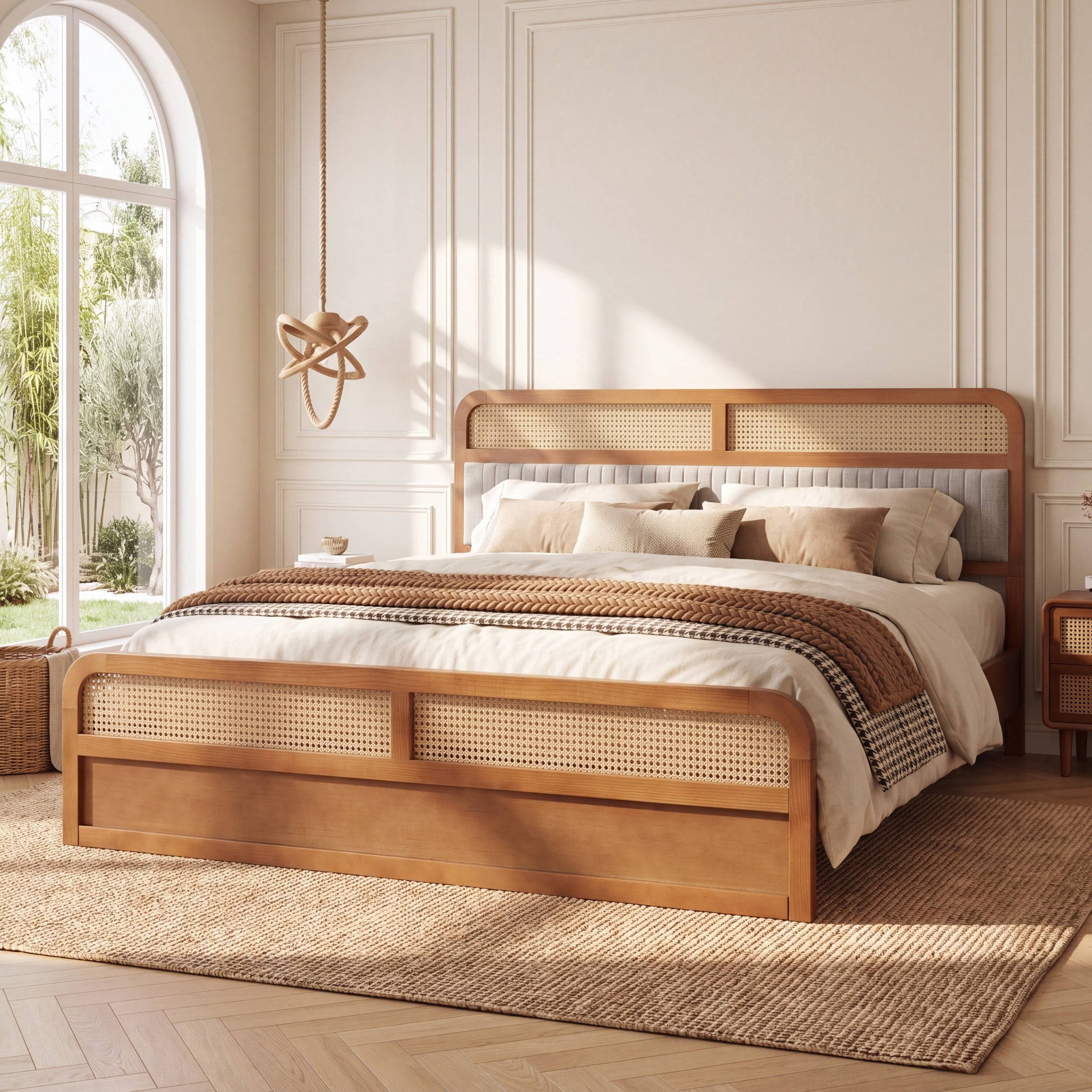 Christopher Knight Home Queen Wood Platform Bed with Rattan & Gray Upholstered Headboard, Brown Finish