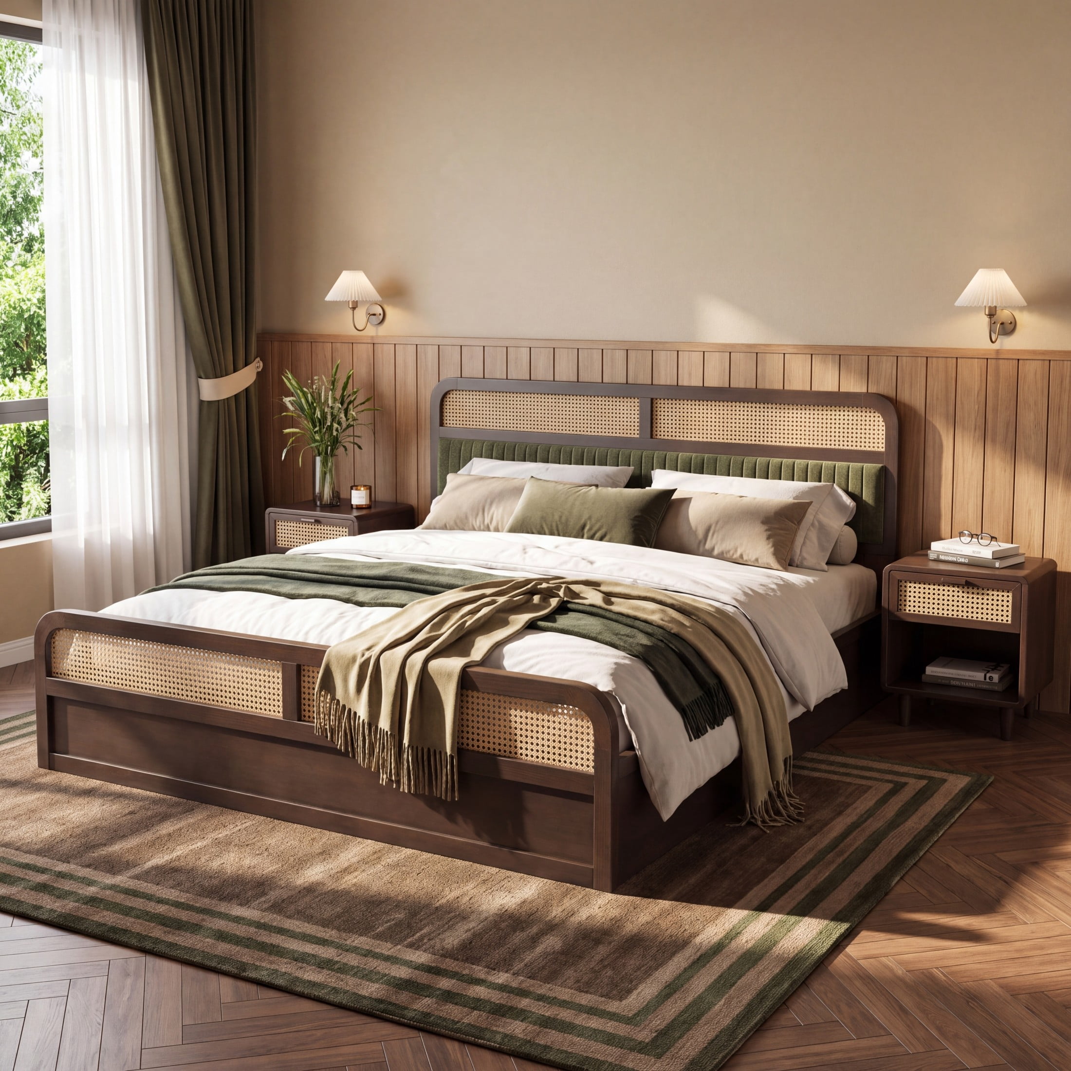 Christopher Knight Home Queen Wood Platform Bed with Rattan & Green Upholstered Headboard, Walnut Finish