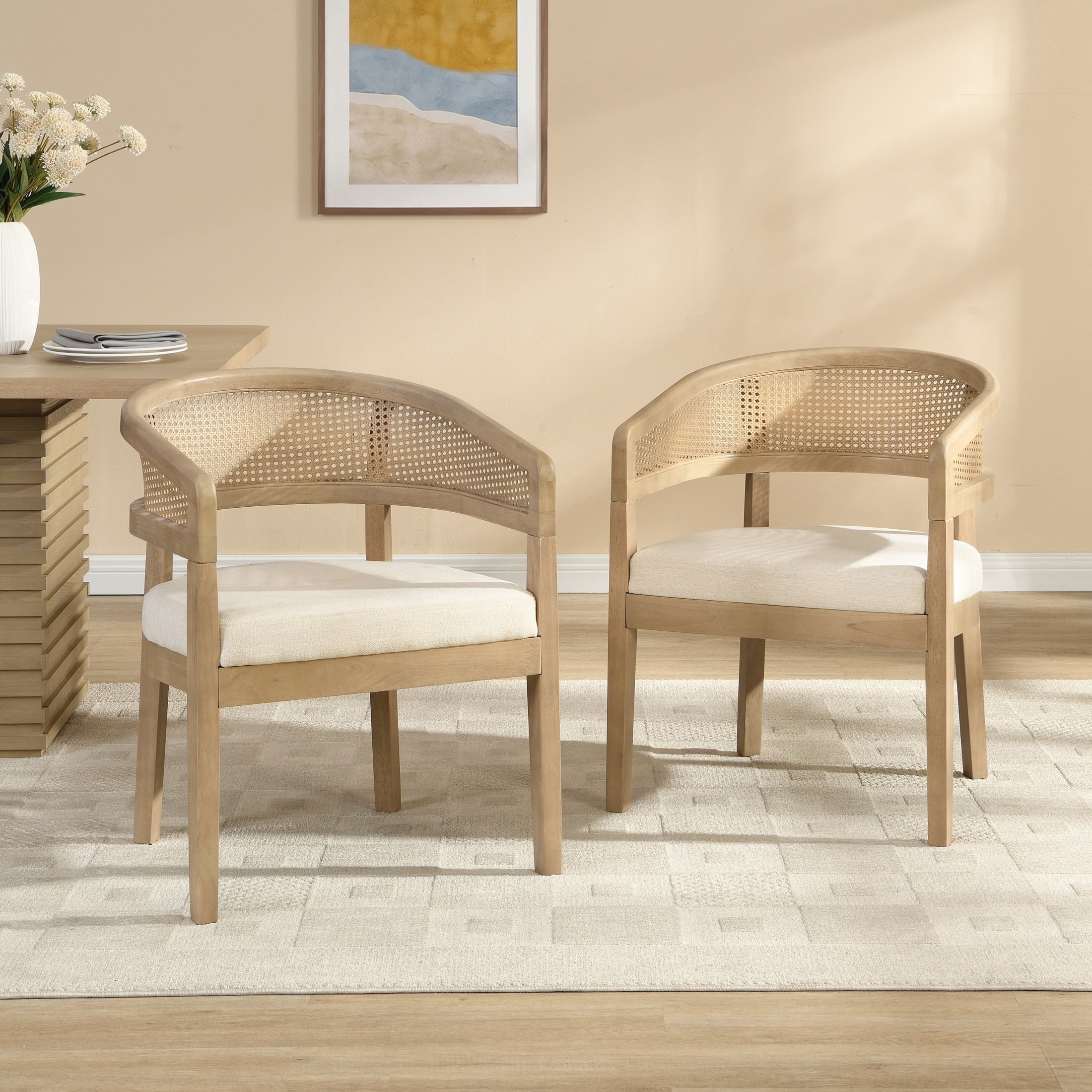 Christopher Knight Home Rattan Curved Back Dining Chairs, Wood Frame with Cushion, Light Ash+Beige, Set of 2