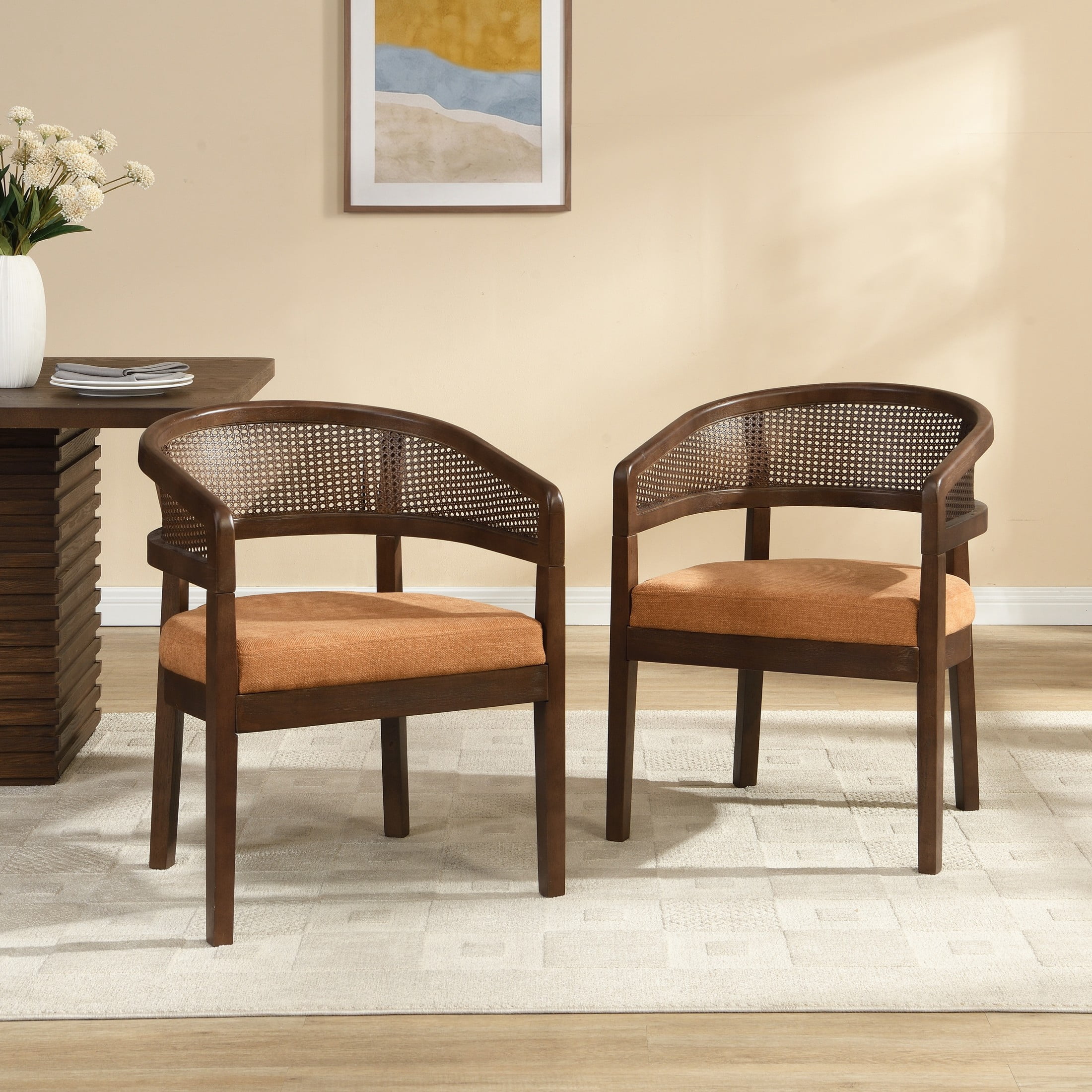 Christopher Knight Home Rattan Curved Back Dining Chairs, Wood Frame with Cushion, Walnut+Caramel, Set of 2