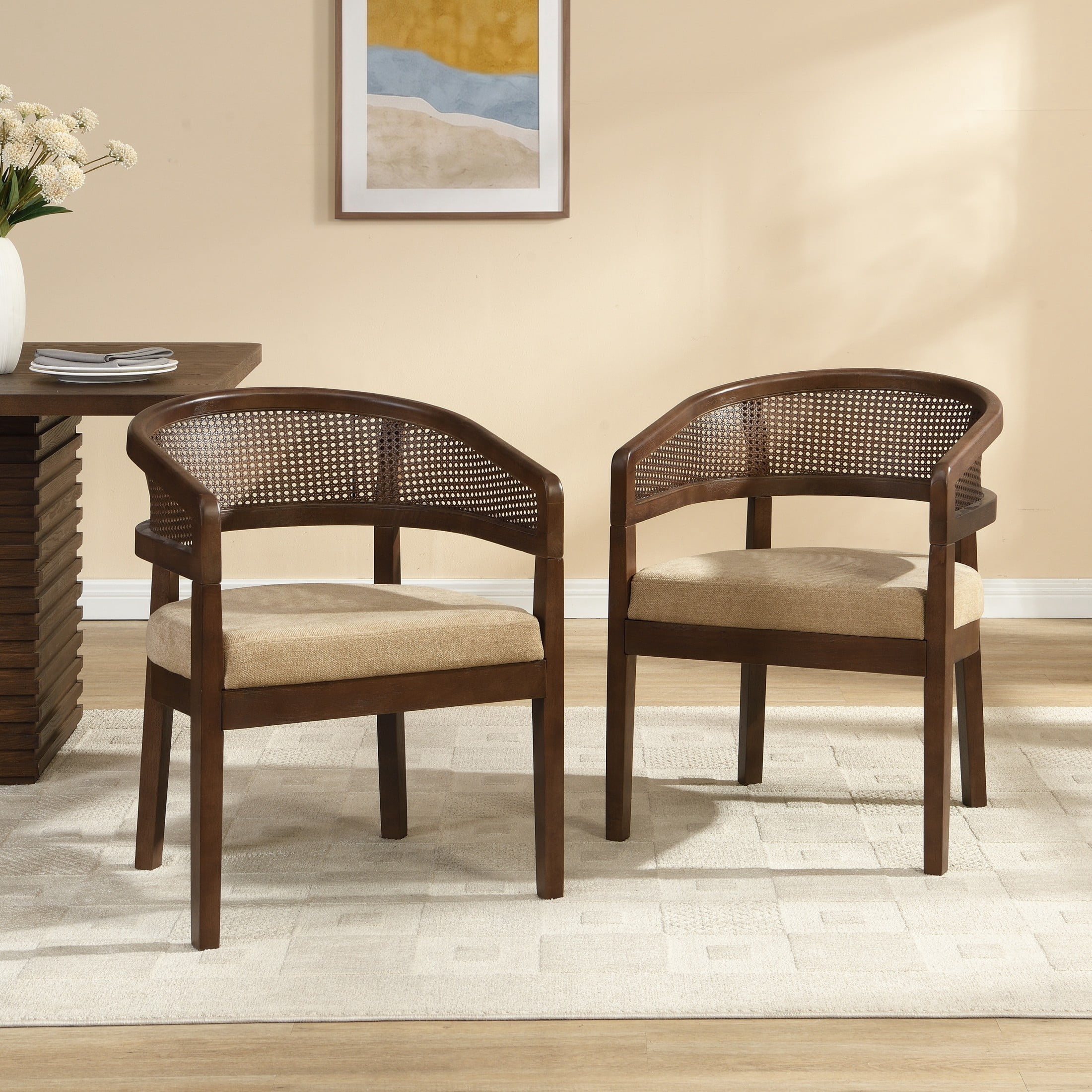 Christopher Knight Home Rattan Curved Back Dining Chairs, Wood Frame with Cushion, Walnut+Light Brown, Set of 2