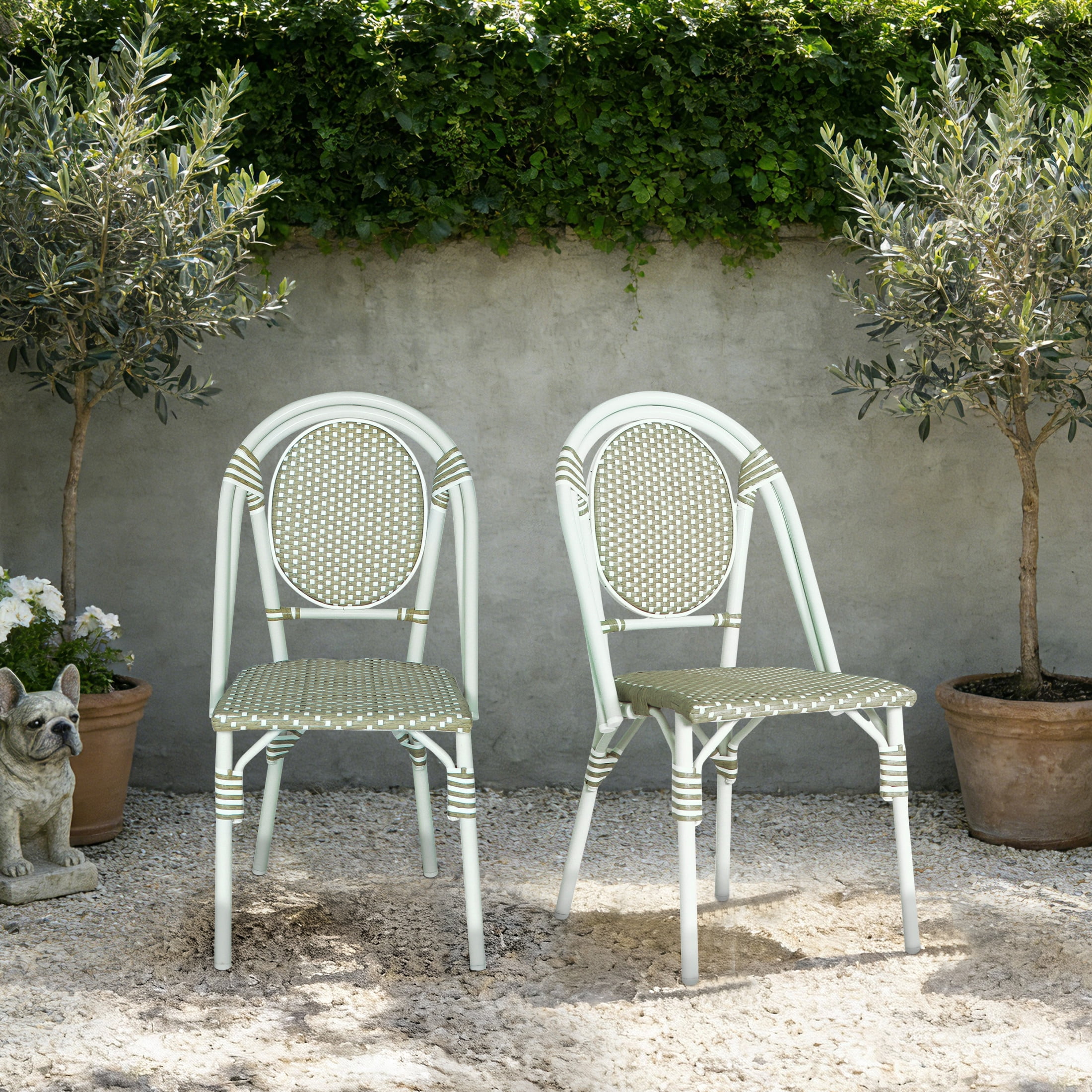 Christopher Knight Home Rattan French Bistro Outdoor Chairs, Aluminum Frame, White+Green, Set of 2