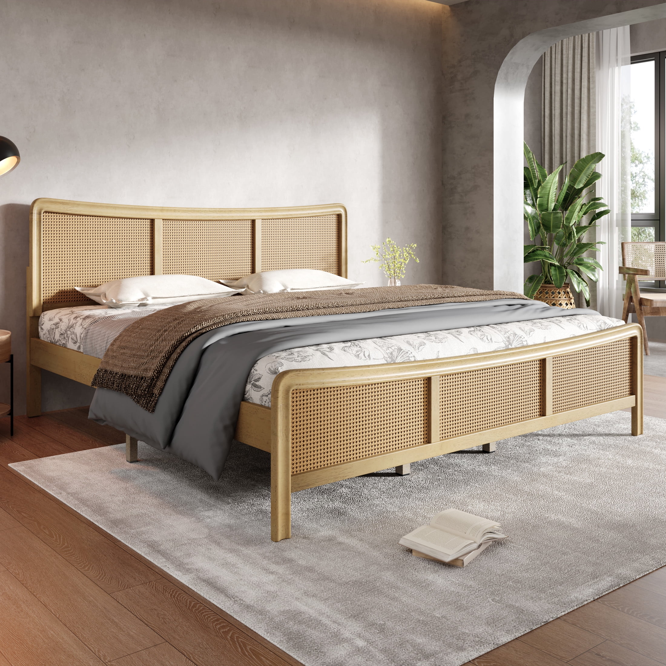 Christopher Knight Home Rattan King Bed Frame with Adjustable Headboard, Solid Wood Frame, Antique White