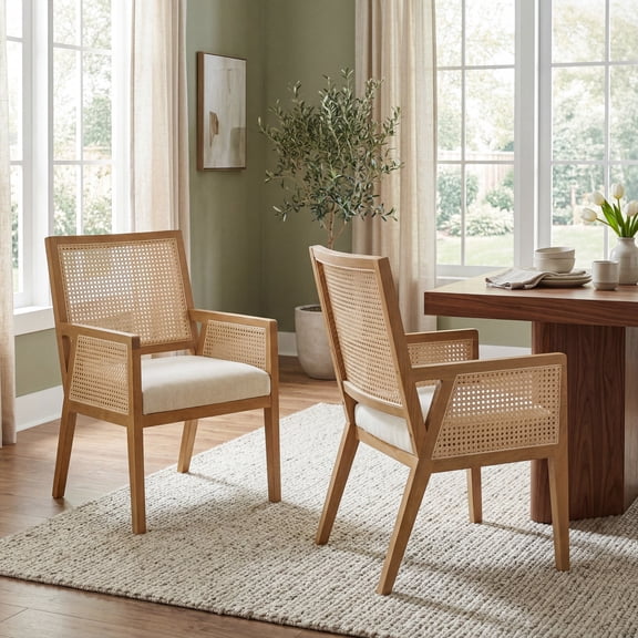 Christopher Knight Home Rattan Upholstered Dining Chairs Set of 2, Rubberwood Frame, Natural Beige