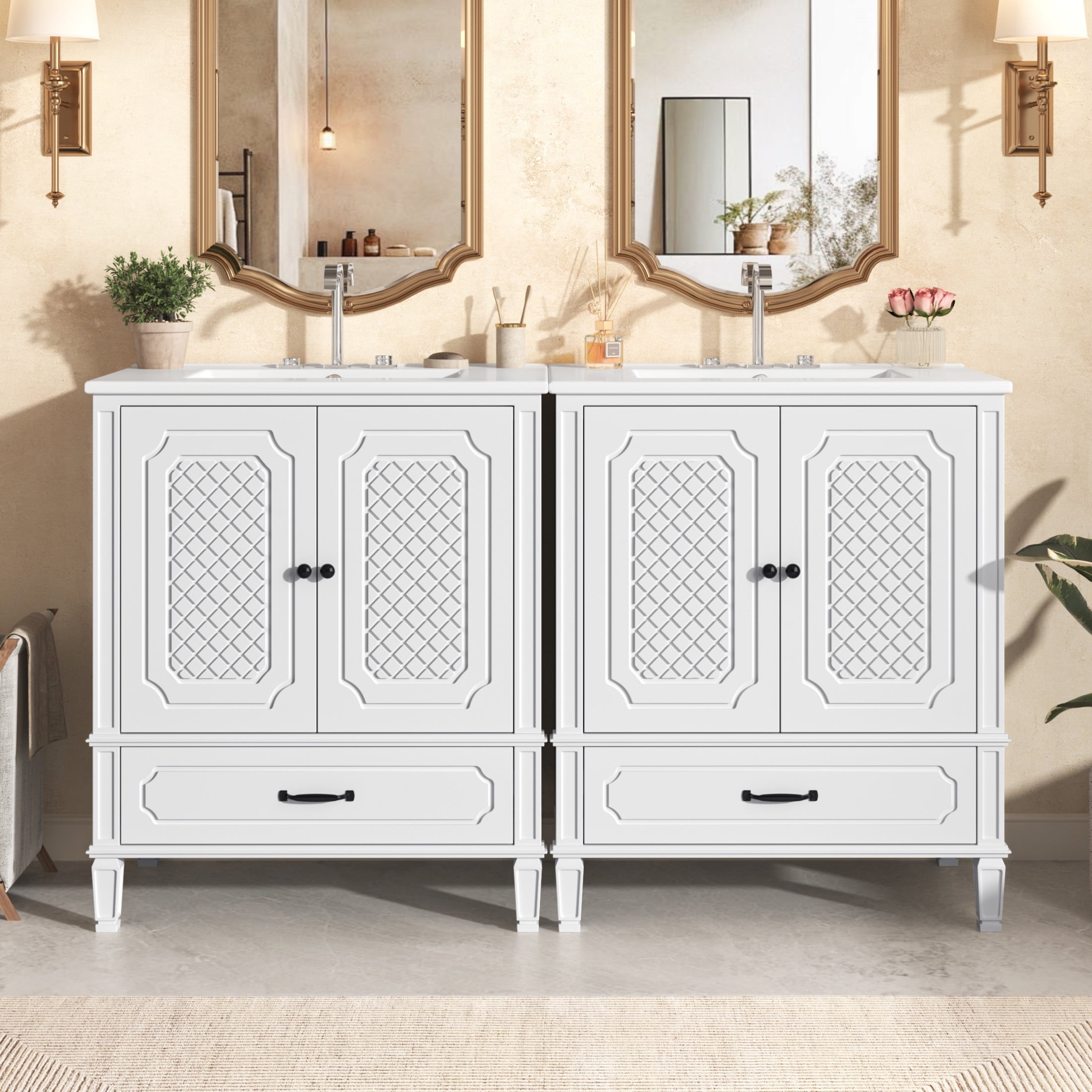Christopher Knight Home Retro 2 Piece 30" Bathroom Vanities with Ceramic Sinks, Soft-Close Doors, White
