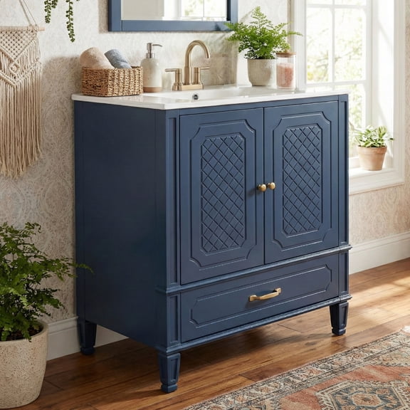 Christopher Knight Home Retro 30" Bathroom Vanity with Ceramic Sinks, Soft-Close Doors, Blue