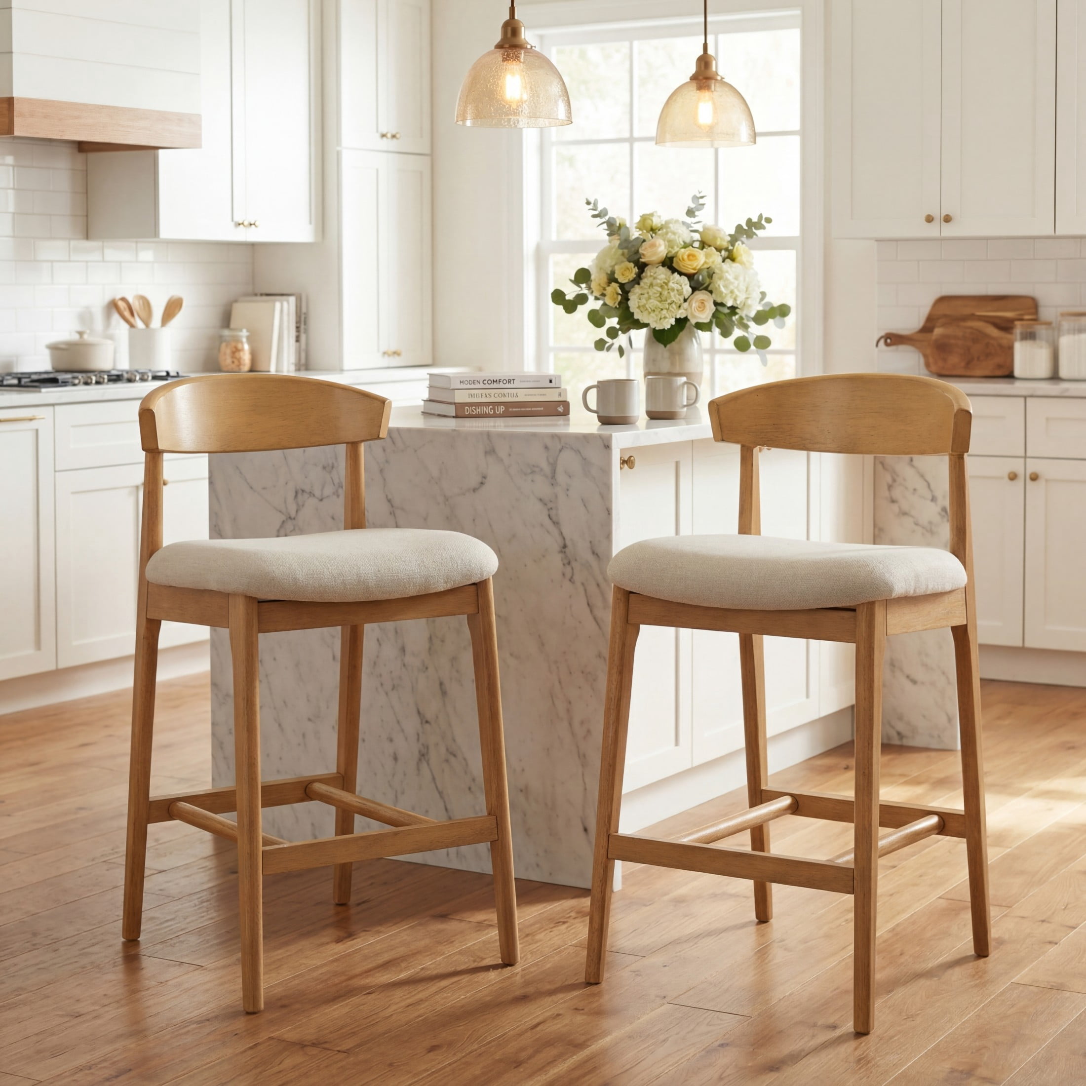 Christopher Knight Home Retro Fabric Upholstered Counter Height Bar Stools, Natural+Beige, Set of 2