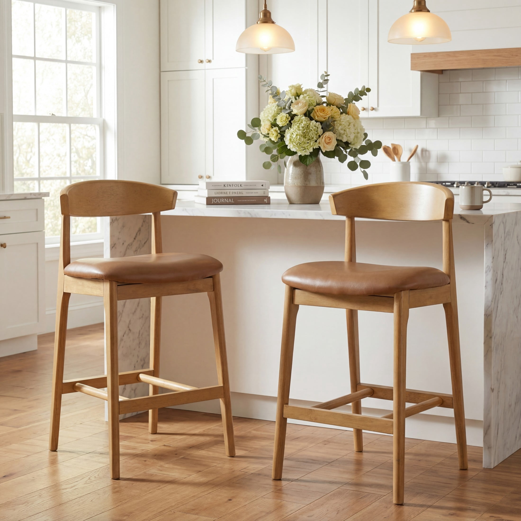 Christopher Knight Home Retro PU Upholstered Counter Height Bar Stools, Natural+Brown, Set of 2