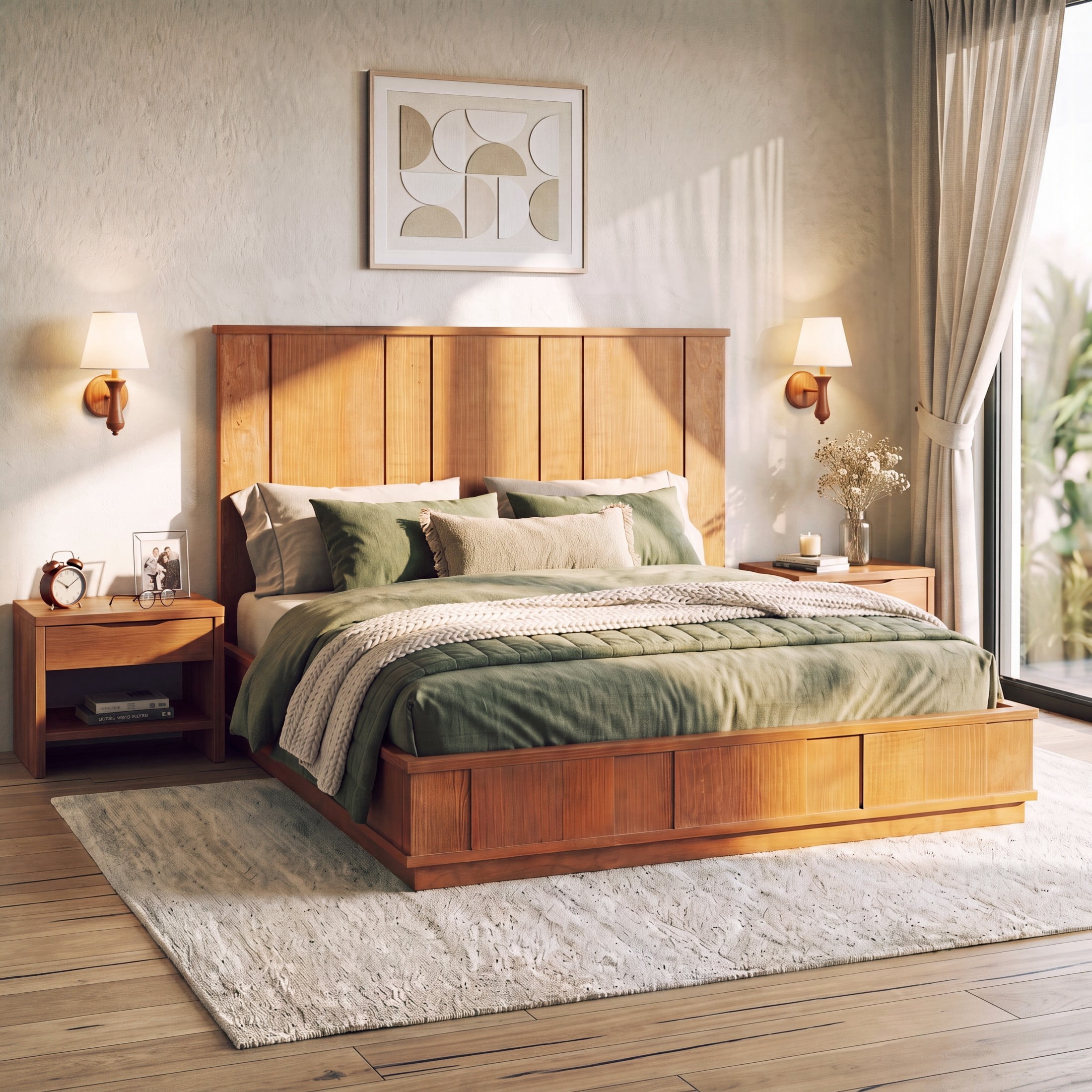 Christopher Knight Home Retro Queen Size Wood Platform Bed with 56" High Panel Headboard, Natural