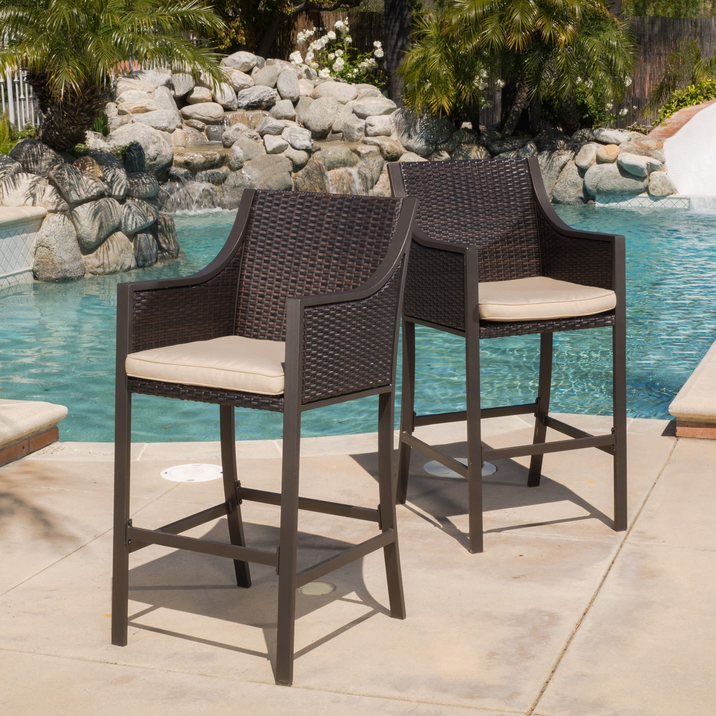 Riga Black Wicker Barstool with Tan Cushions, Set of 2