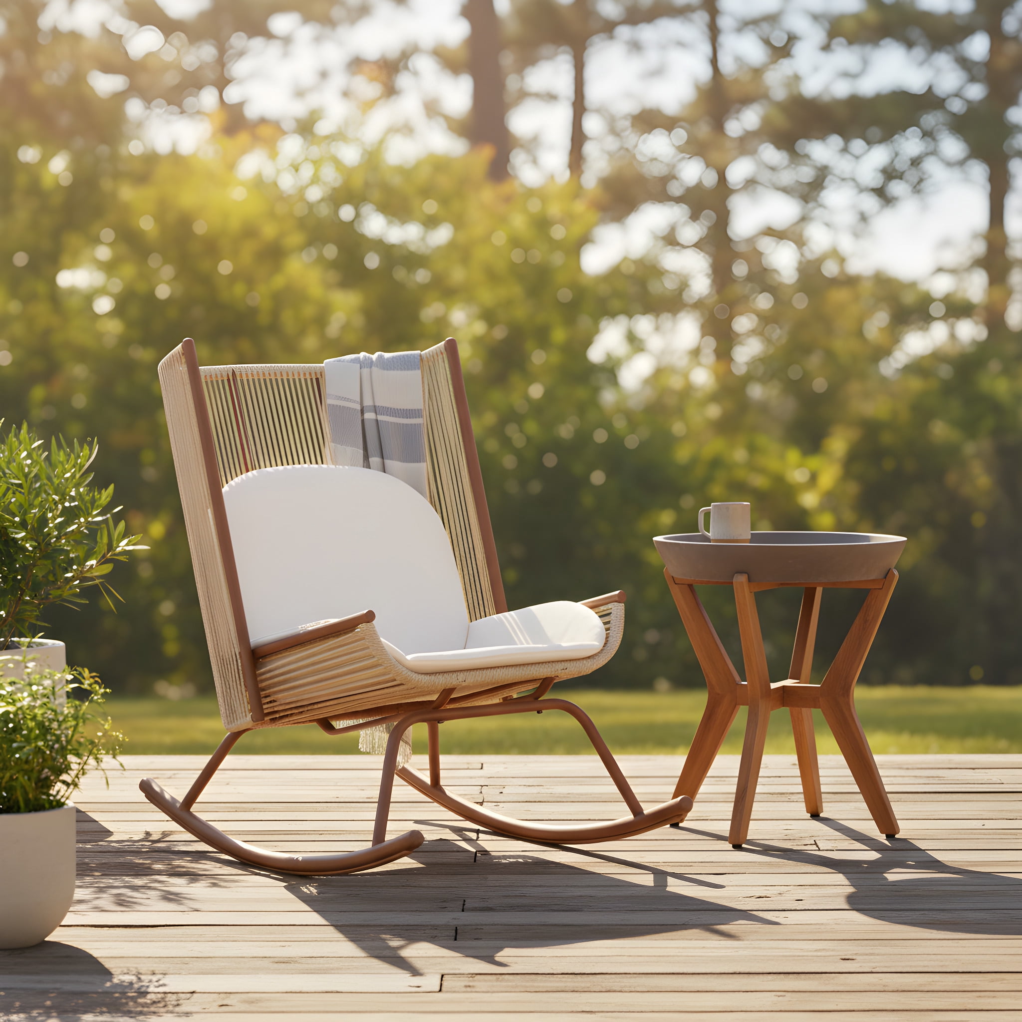 Christopher Knight Home Rocking Chair and Side Table Set, Concrete Top Table, Teak + Beige