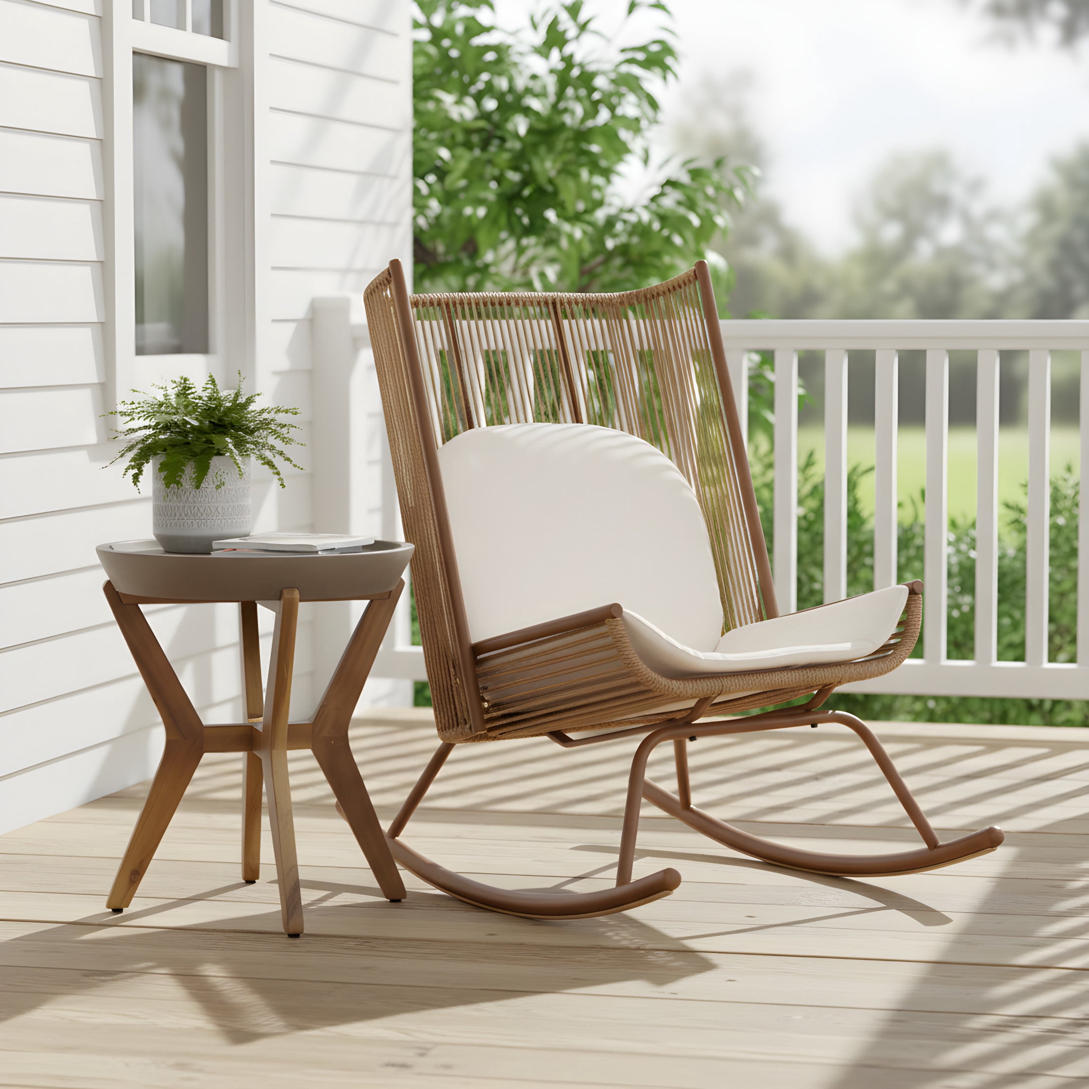 Christopher Knight Home Rocking Chair and Side Table Set, Concrete Top Table, Teak + Brown
