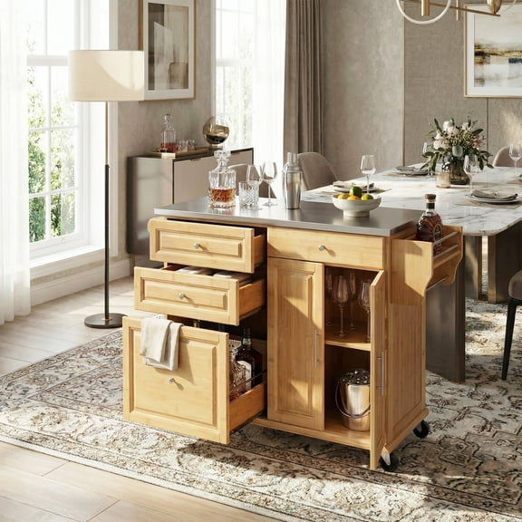 Christopher Knight Home Rolling Kitchen Island with Stainless Steel Top, Bar Cart with Drawers, Natural