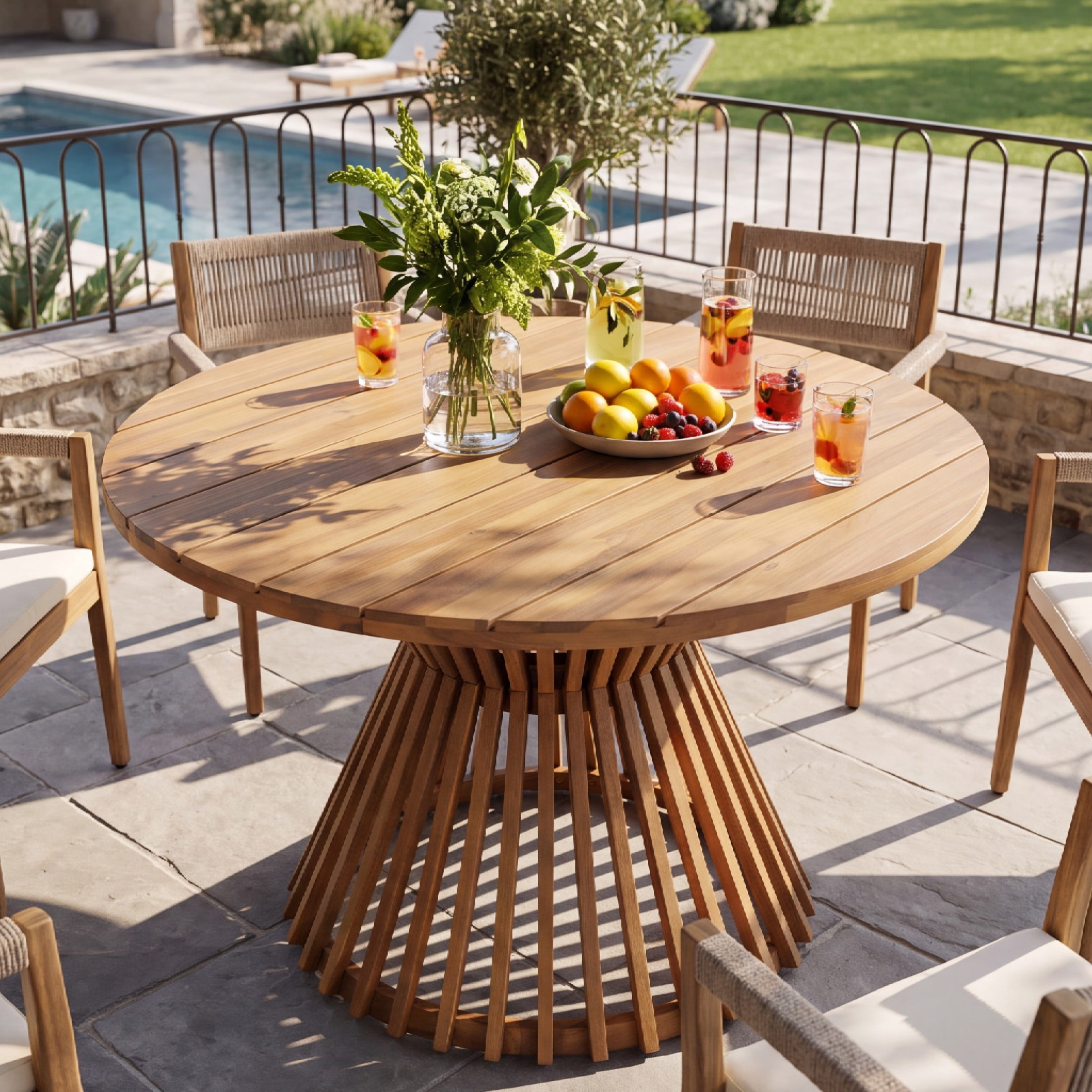Christopher Knight Home Round Acacia Wood Patio Dining Table for 4, Sunburst Pedestal, Light Teak