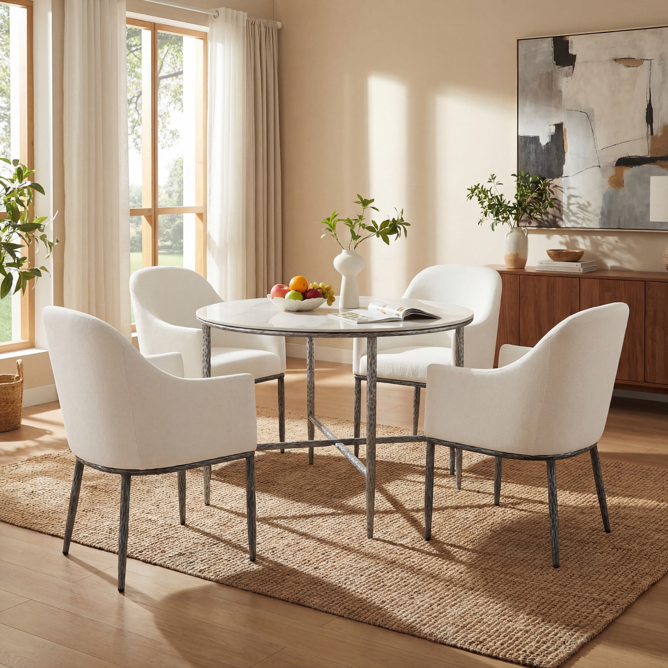 Christopher Knight Home Round Dining Set for 4, Stone Top Table with Armchairs, Metal Legs, Forged Pewter